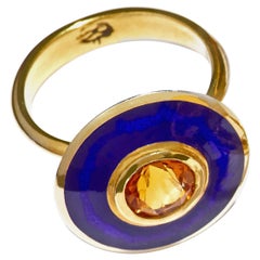 Vintage Aegean Sunset Aurora Ring 18k Yellow Gold Orange Citrine Blue Vitreous Enamel