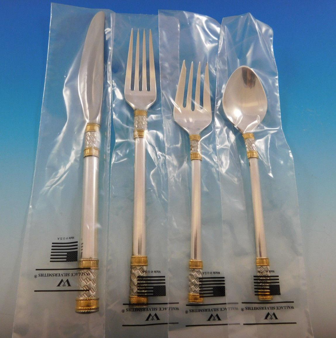 New Aegean weave gold by Wallace sterling silver flatware set - 32 pieces. This set includes:

Eight knives, 9 1/8