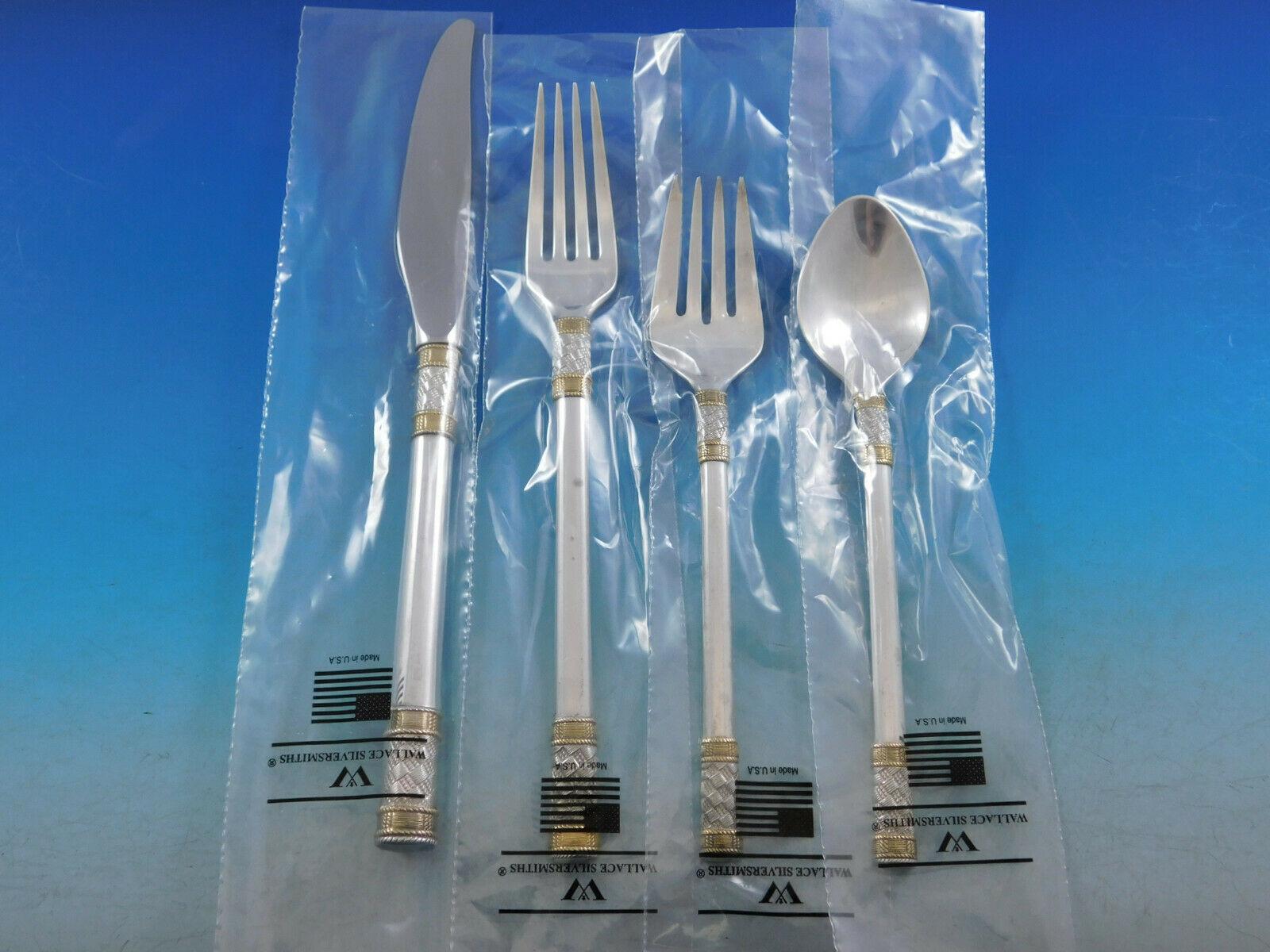 Aegean Weave Gold by Wallace Sterling Silver Flatware Set 12 Service 65 Pcs New In Excellent Condition In Big Bend, WI