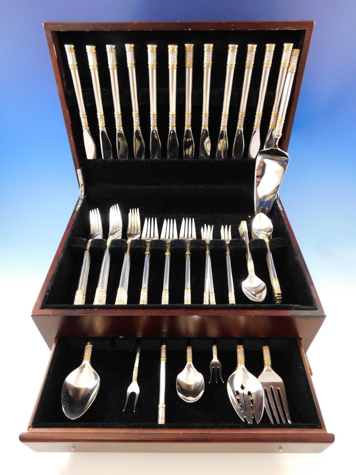 Aegean Weave Gold Accent by Wallace sterling silver flatware set, 68 pieces. This set includes:

12 knives, 9 3/8