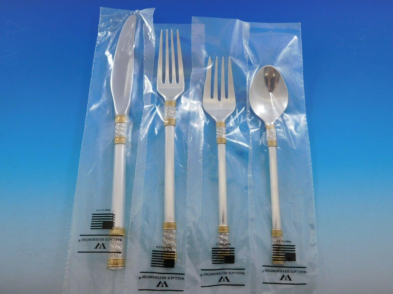 Aegean Weave Gold by Wallace Sterling Silver Flatware Set 12 Service 76 Pcs New In Excellent Condition In Big Bend, WI