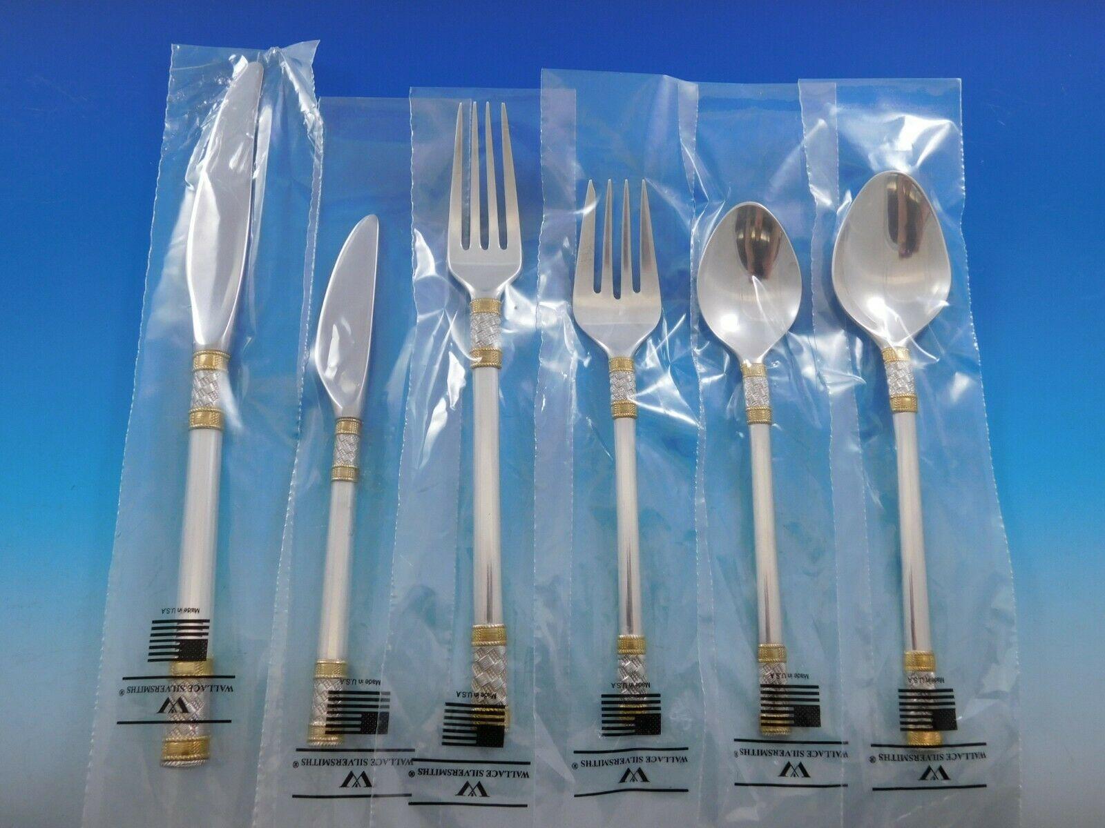 Unused Aegean weave gold accent by Wallace sterling silver flatware set, 76 pieces. This set includes:

12 knives, 9 3/8