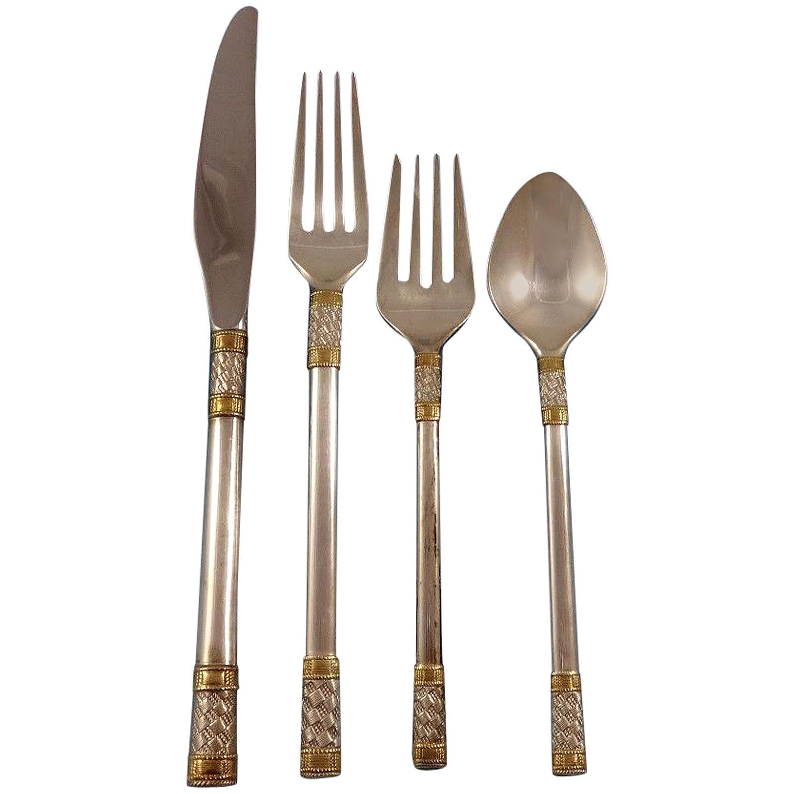 Aegean Weave Gold by Wallace Sterling Silver Flatware Set for 18 Service 72 Pcs For Sale