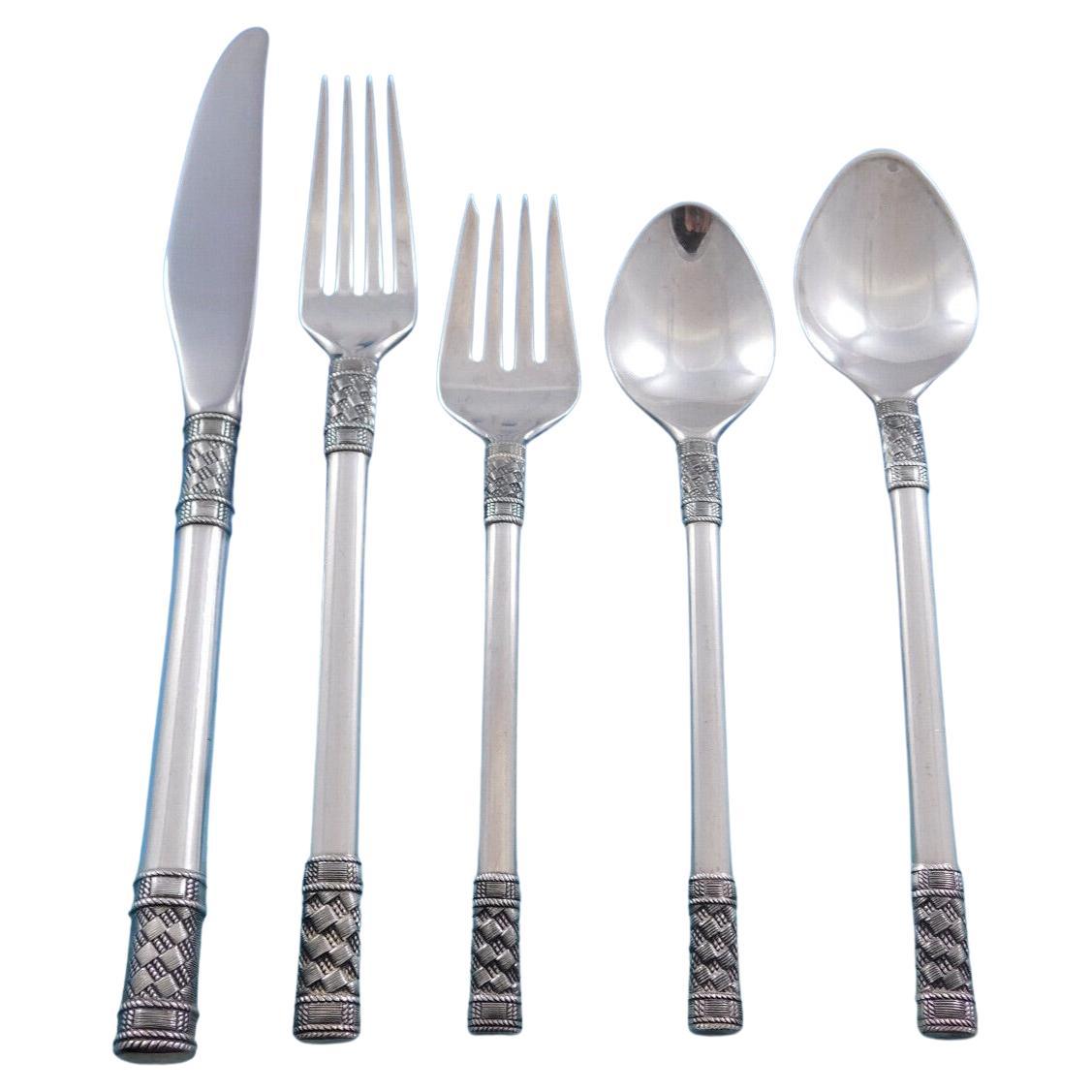 Aegean Weave Plain by Wallace Sterling Silver Flatware Set for 12 Service 60 Pcs For Sale