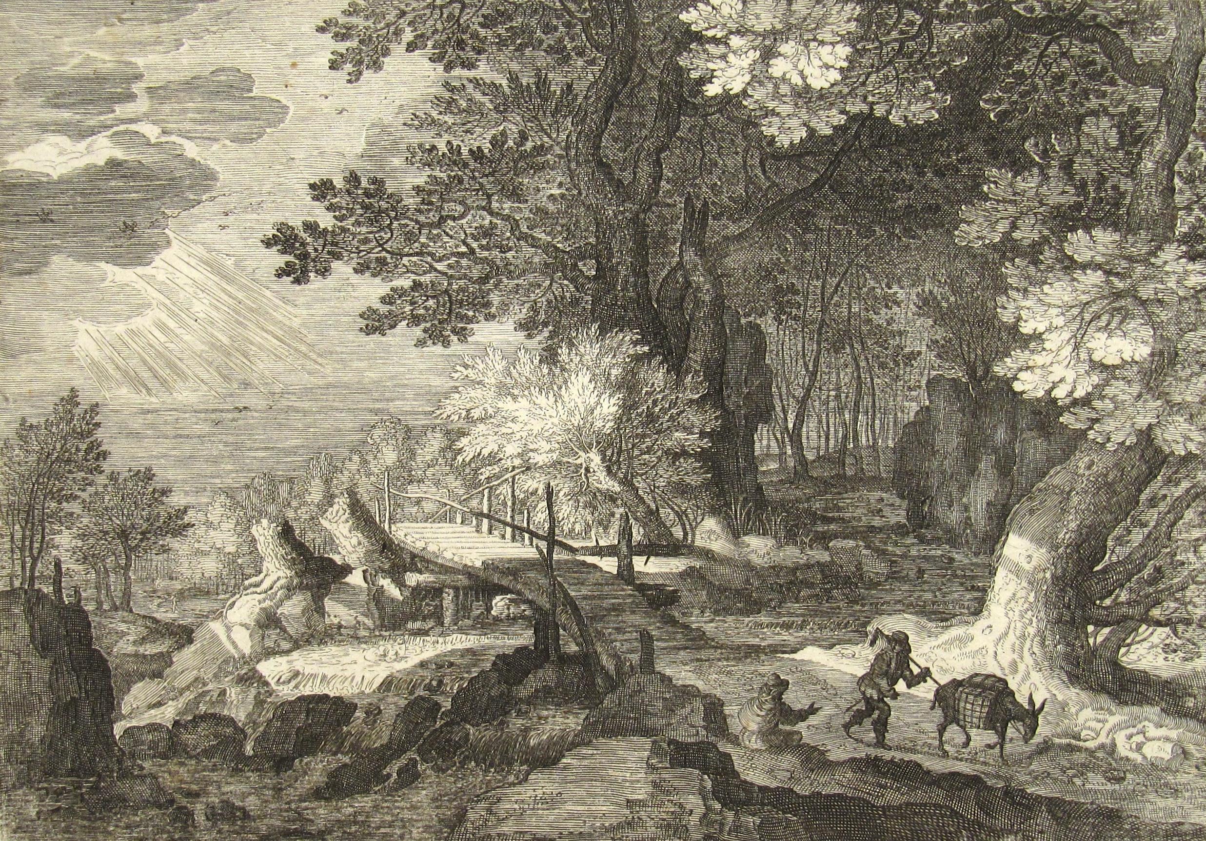 
Aegidius Sadeler
(Flamand, 1570-1629)

Scène romantique dans les bois avec un voyageur et sa mule chargée passant à côté d'un personnage assis se reposant sur le bord de la route

•	XVIe siècle, peut-être début XVIIe siècle
•	Gravure sur cuivre sur