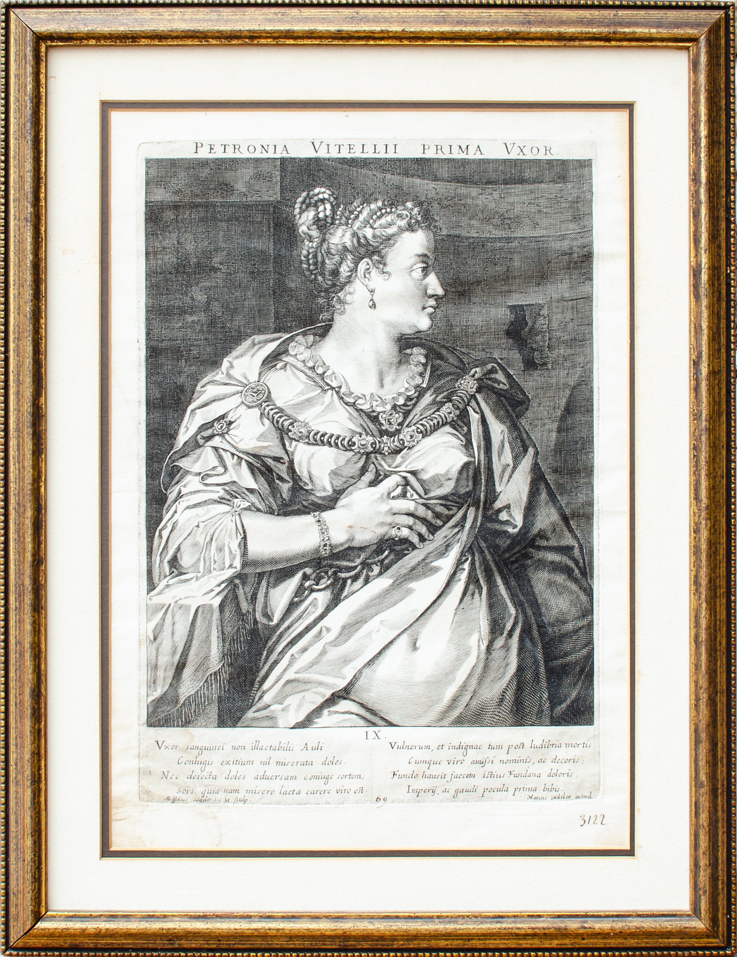 Artist: Aegidius Sadeler II
Petronia, First Wife of Vitellius, from set of Roman Emperors and Empresses, c. 16th-17th century
Engraving
Publisher: Marcus Christoph Sadeler
Sight: 15 1/4 x 10 3/4 in.
Framed: 19 3/4 x 15 1/4 x 1 in.

This image was
