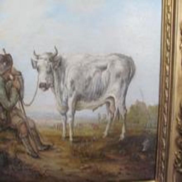 19th Century Oil Farmer And Bull Country Landscape Scene After Aelbert Cuyp For Sale 1