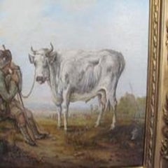 19th Century Oil Farmer And Bull Country Landscape Scene After Aelbert Cuyp