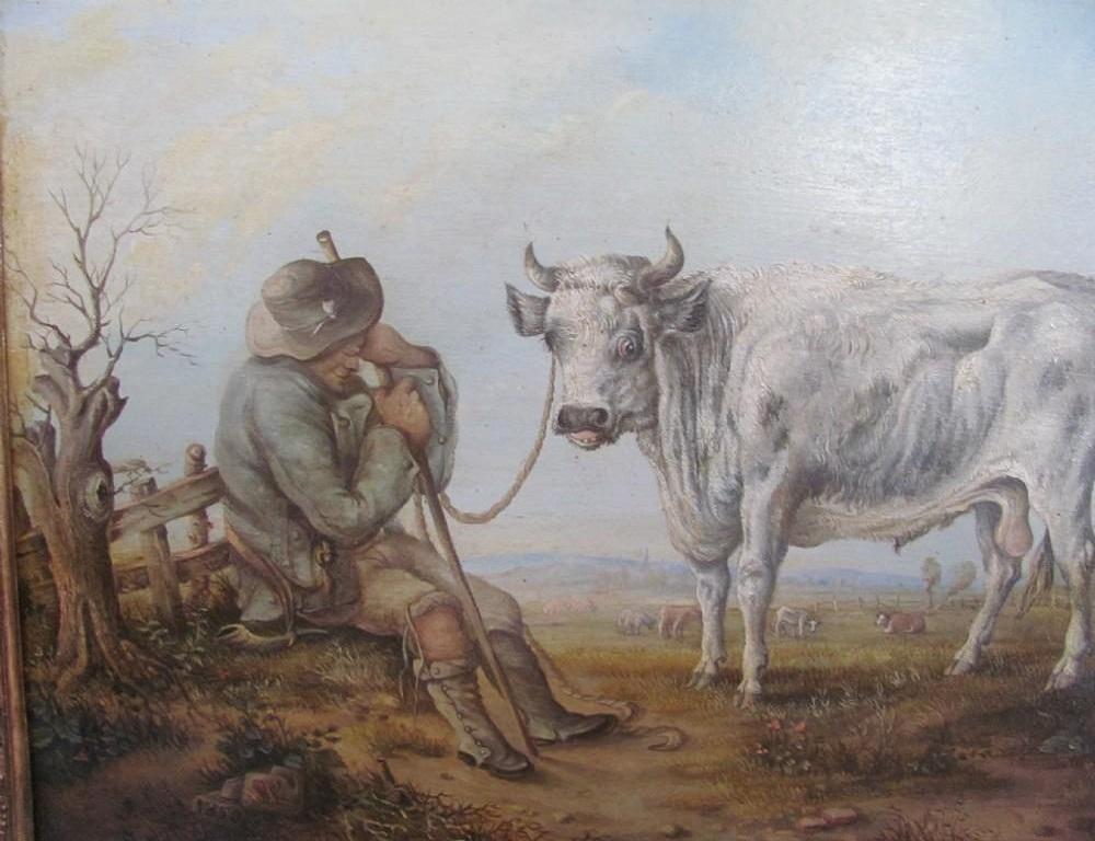 19th Century Oil Farmer And Bull Country Landscape Scene After Aelbert Cuyp For Sale 3