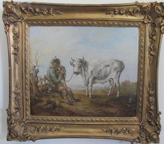 Antique 19th Century Oil Farmer And Bull Country Landscape Scene After Aelbert Cuyp