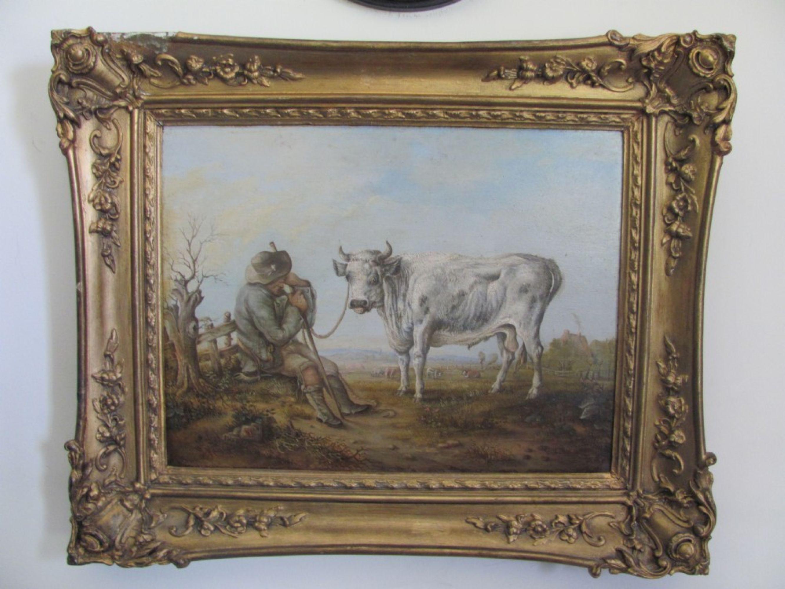 19. Jahrhundert Öl Landwirt und Stier Landschaftsszene nach Aelbert Cuyp