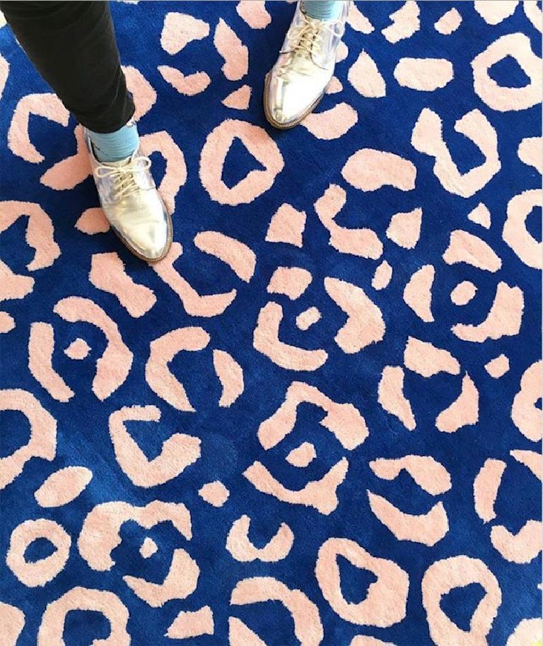 Aelfie Cheetah Animal Print Blue and Pink Tufted Rug 8x10 For Sale at