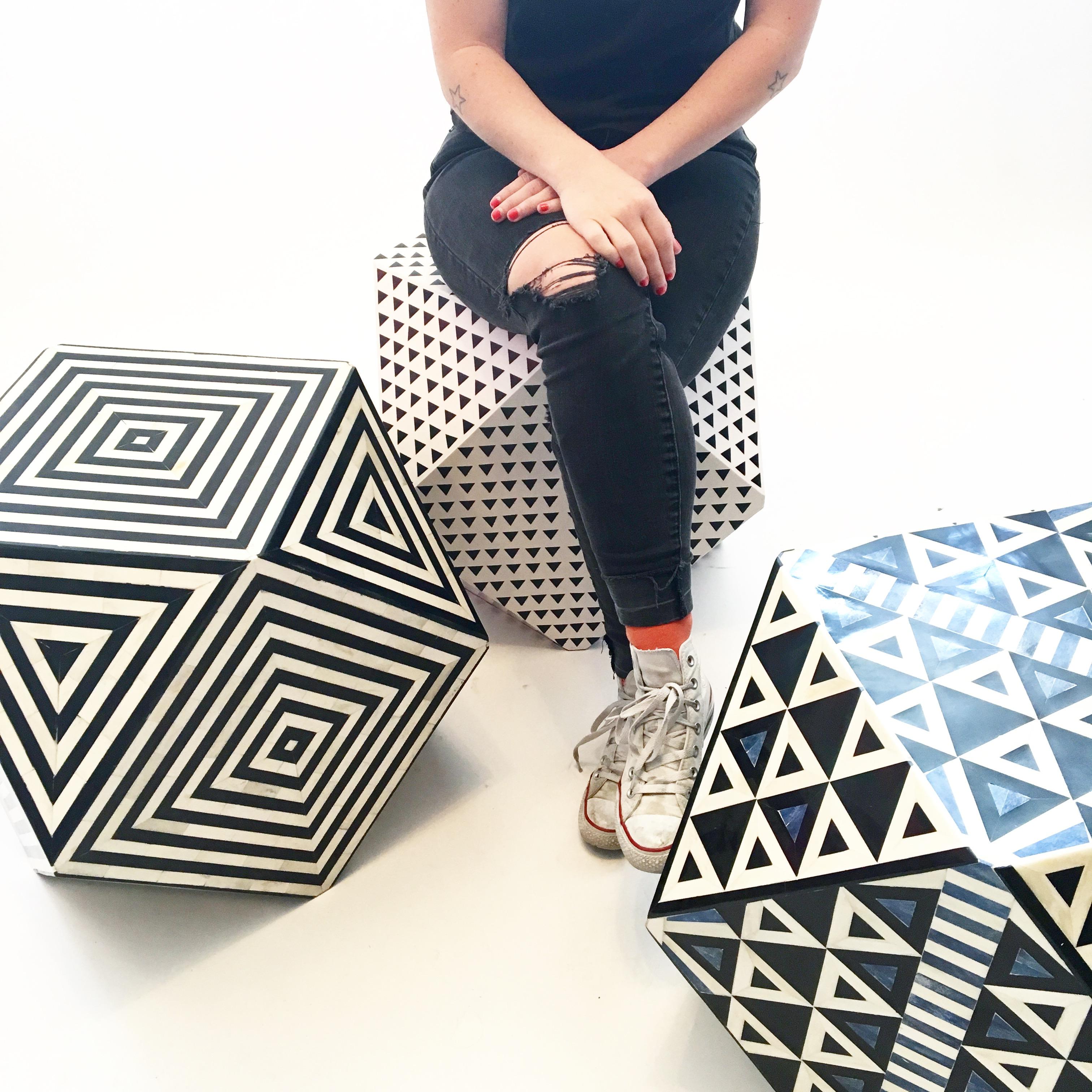 Indian Aelfie Modern Triangular Black and White Geometric Thea Cube Table Stool For Sale