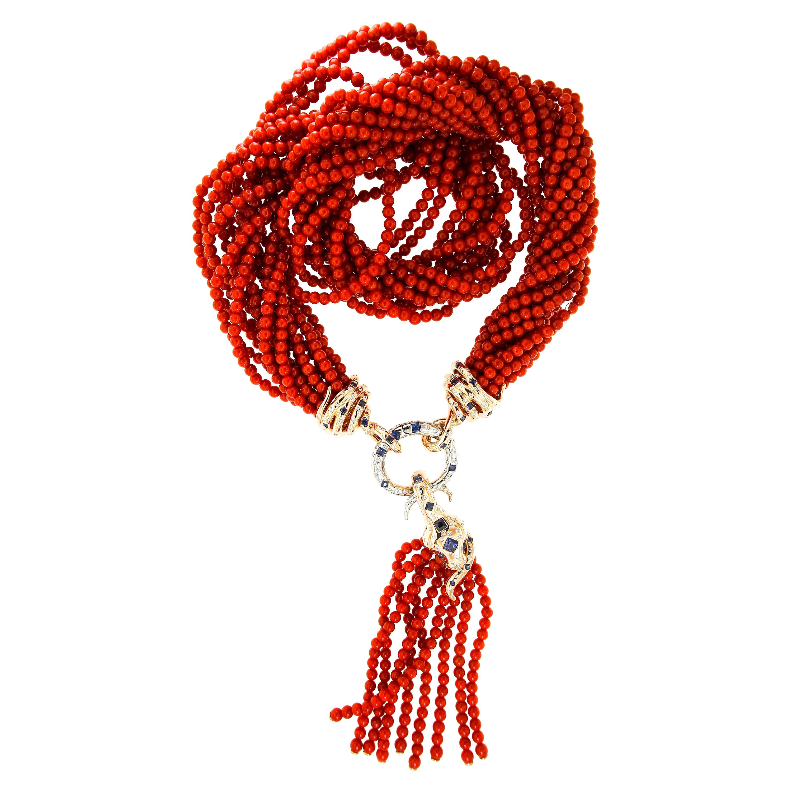 AENEA 18k Pink Gold Coral Blue Sapphires White Diamonds Tassle Necklace For Sale