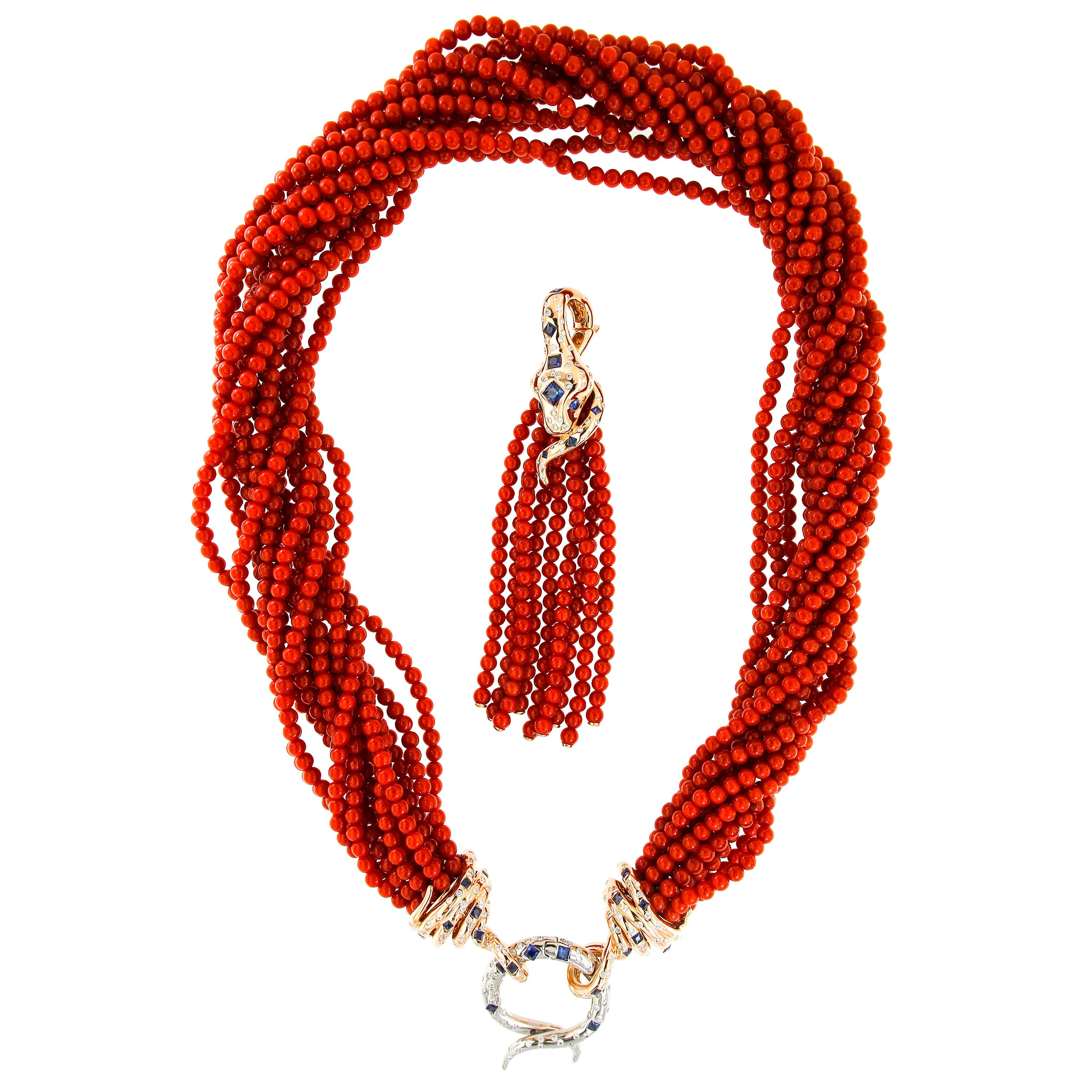 Modern AENEA 18k Pink Gold Coral Blue Sapphires White Diamonds Tassle Necklace For Sale