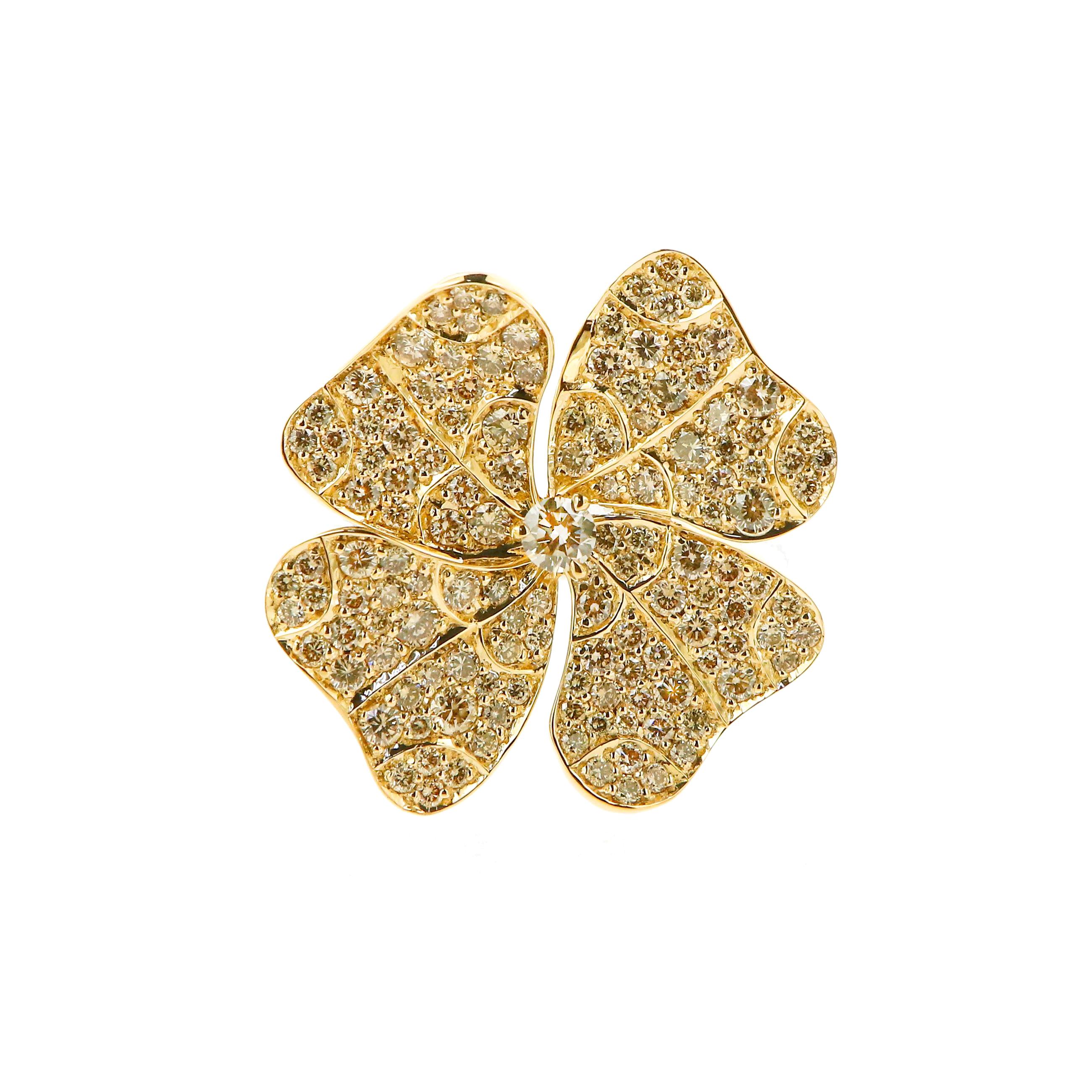 Round Cut AENEA 18k Yellow Gold Fancy Brown Diamonds E-F/VVS White Diamonds Flower Ring For Sale