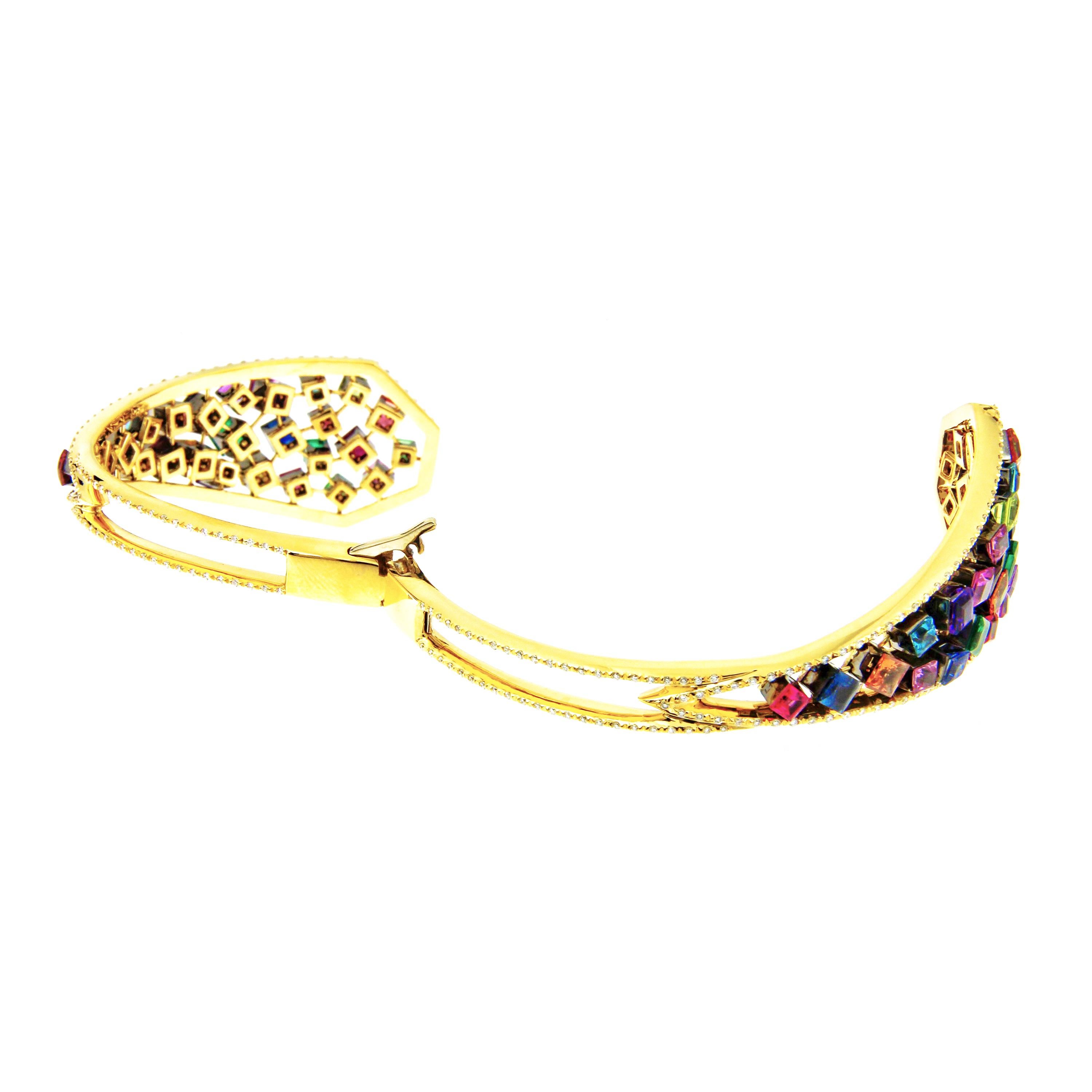 AENEA 18k Yellow Gold Rainbow Multi-Color Emeralds Ruby Sapphire Bangle For Sale 4