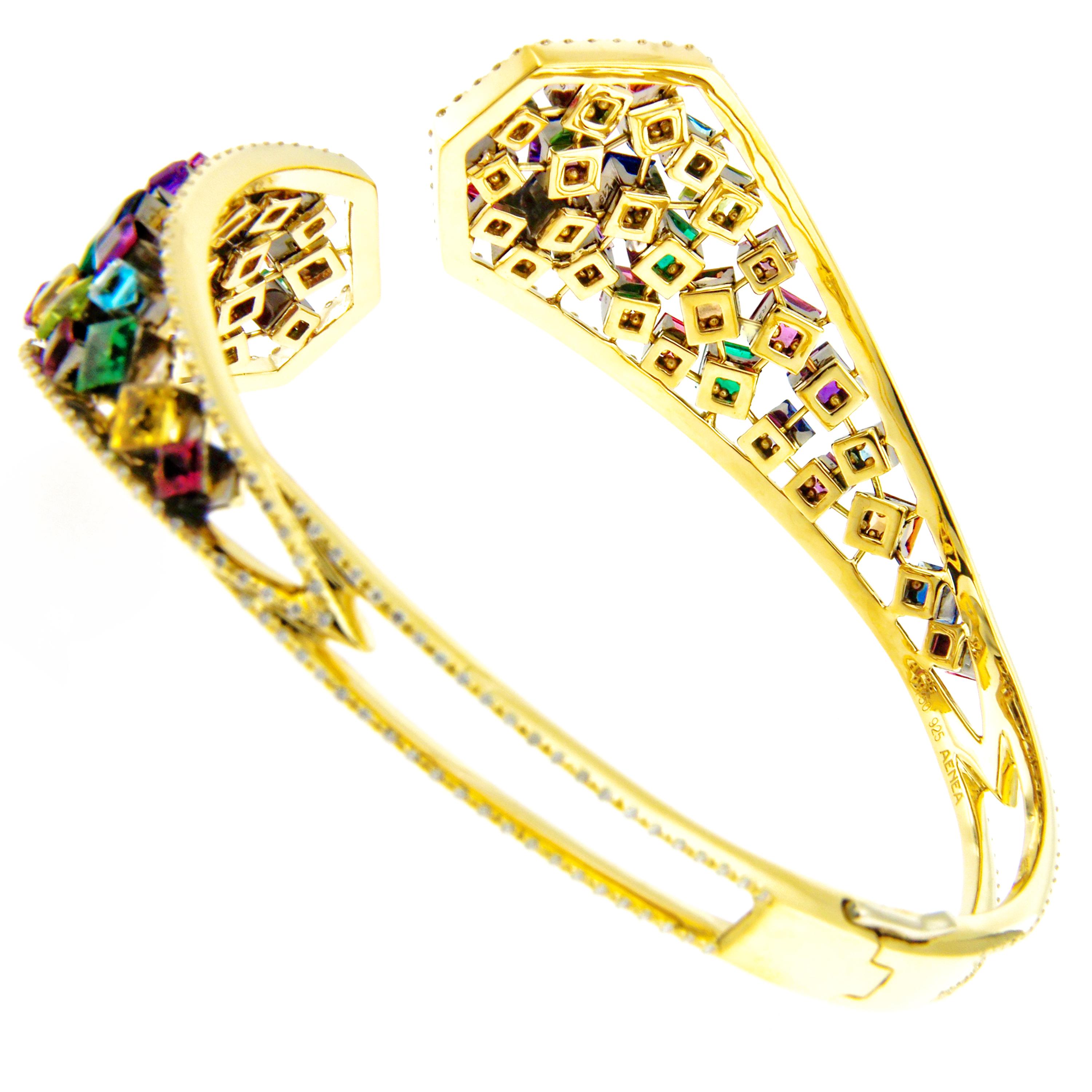 AENEA 18k Yellow Gold Rainbow Multi-Color Emeralds Ruby Sapphire Bangle For Sale 6