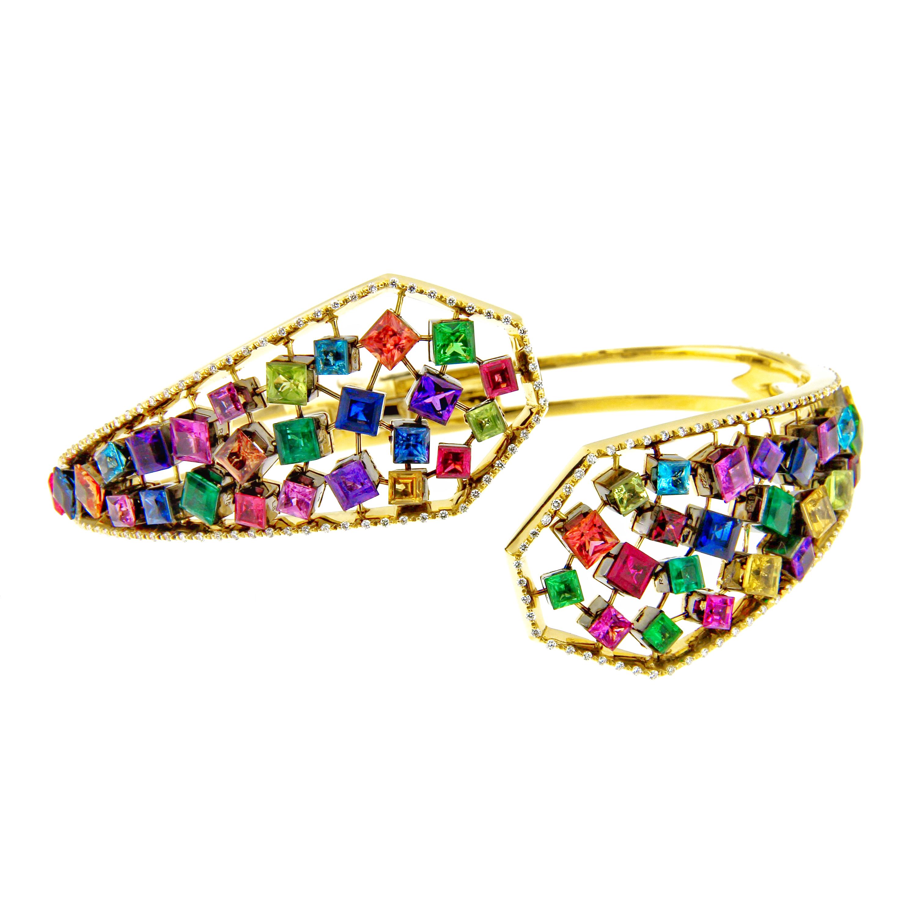 AENEA 18k Yellow Gold Rainbow Multi-Color Emeralds Ruby Sapphire Bangle For Sale 1