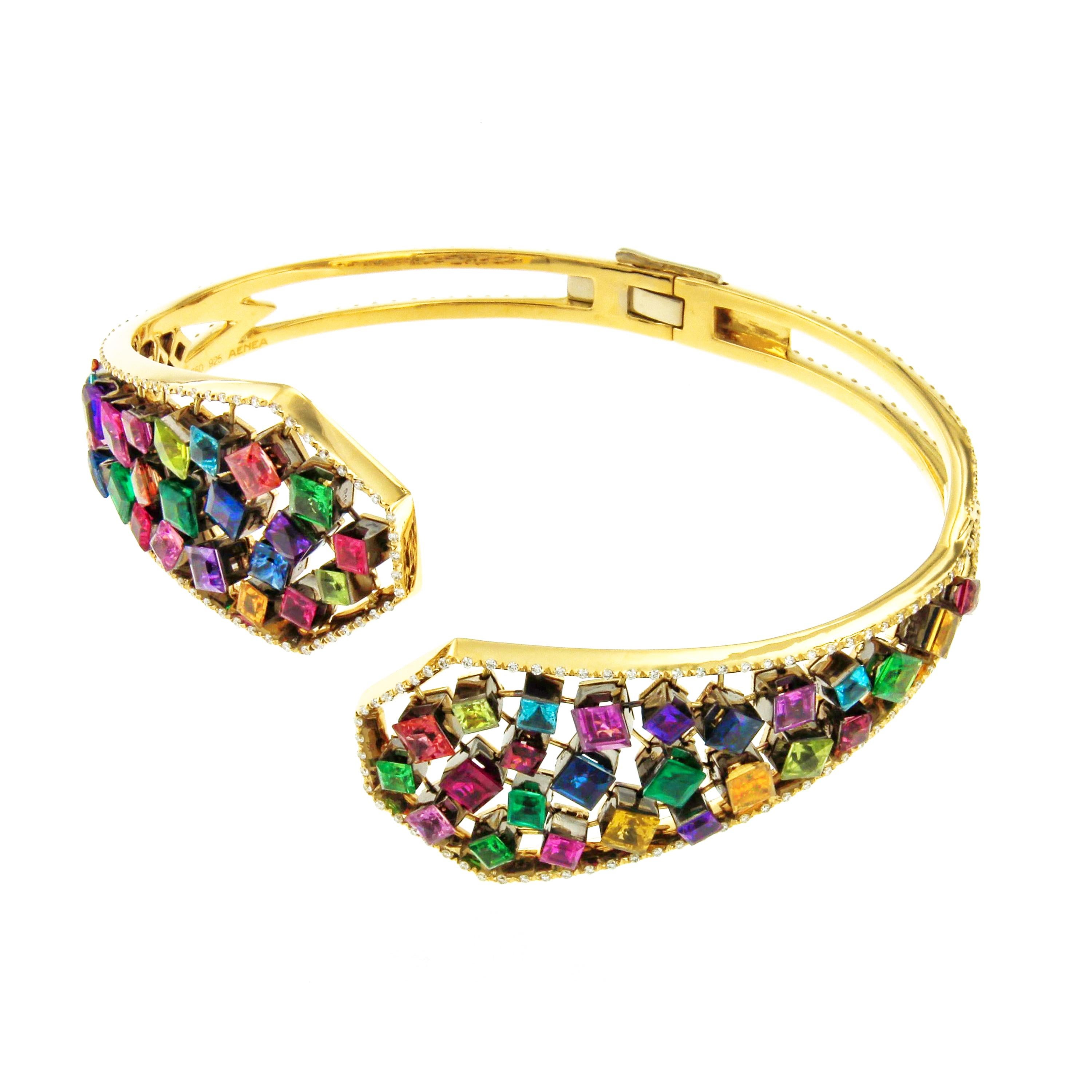AENEA 18k Yellow Gold Rainbow Multi-Color Emeralds Ruby Sapphire Bangle For Sale 2