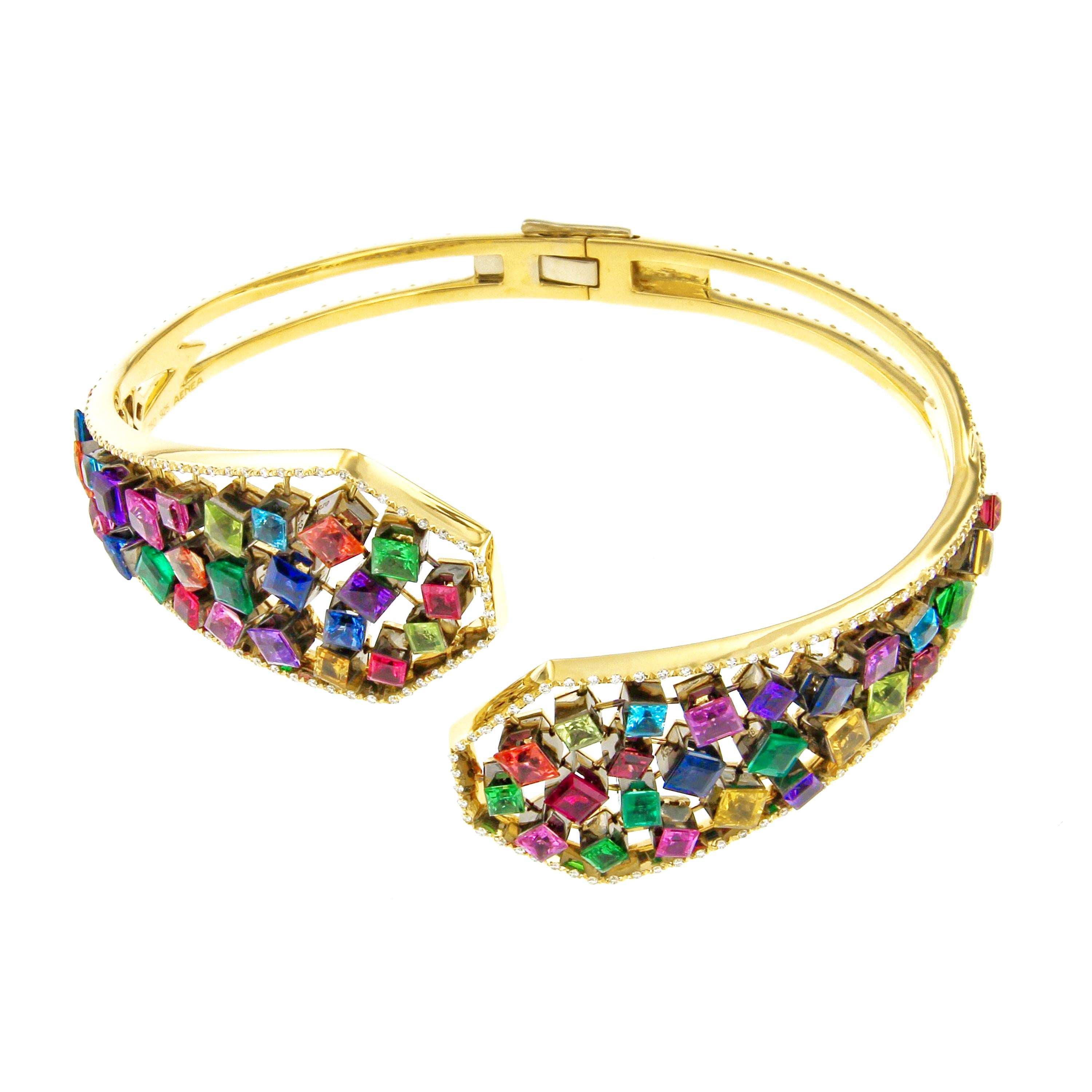 AENEA 18k Yellow Gold Rainbow Multi-Color Emeralds Ruby Sapphire Bangle For Sale 3