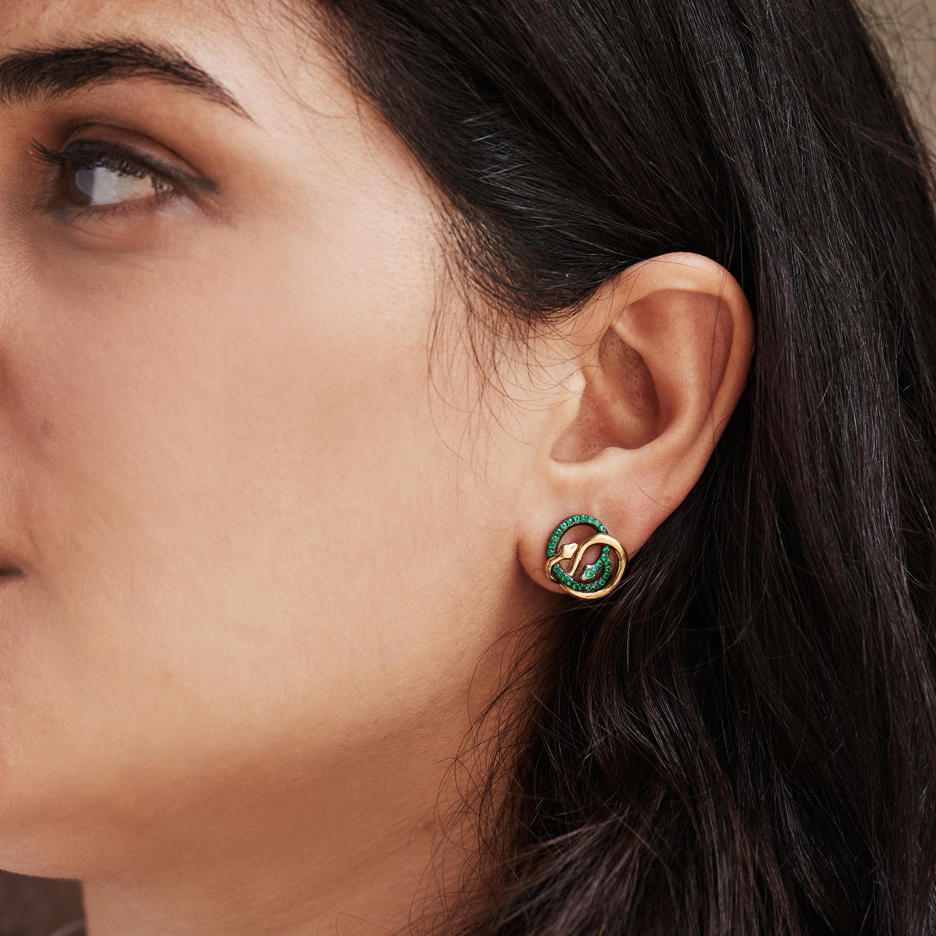 This AENEA Design Sarpa Earrings are inspired by the 1920s Faberge and Cartier works, adapted for the new millennium.

Elegant and intricate, this Stud Earrings will always be amazingly eye catching.

The fantastic Brazilian Emeralds are combined