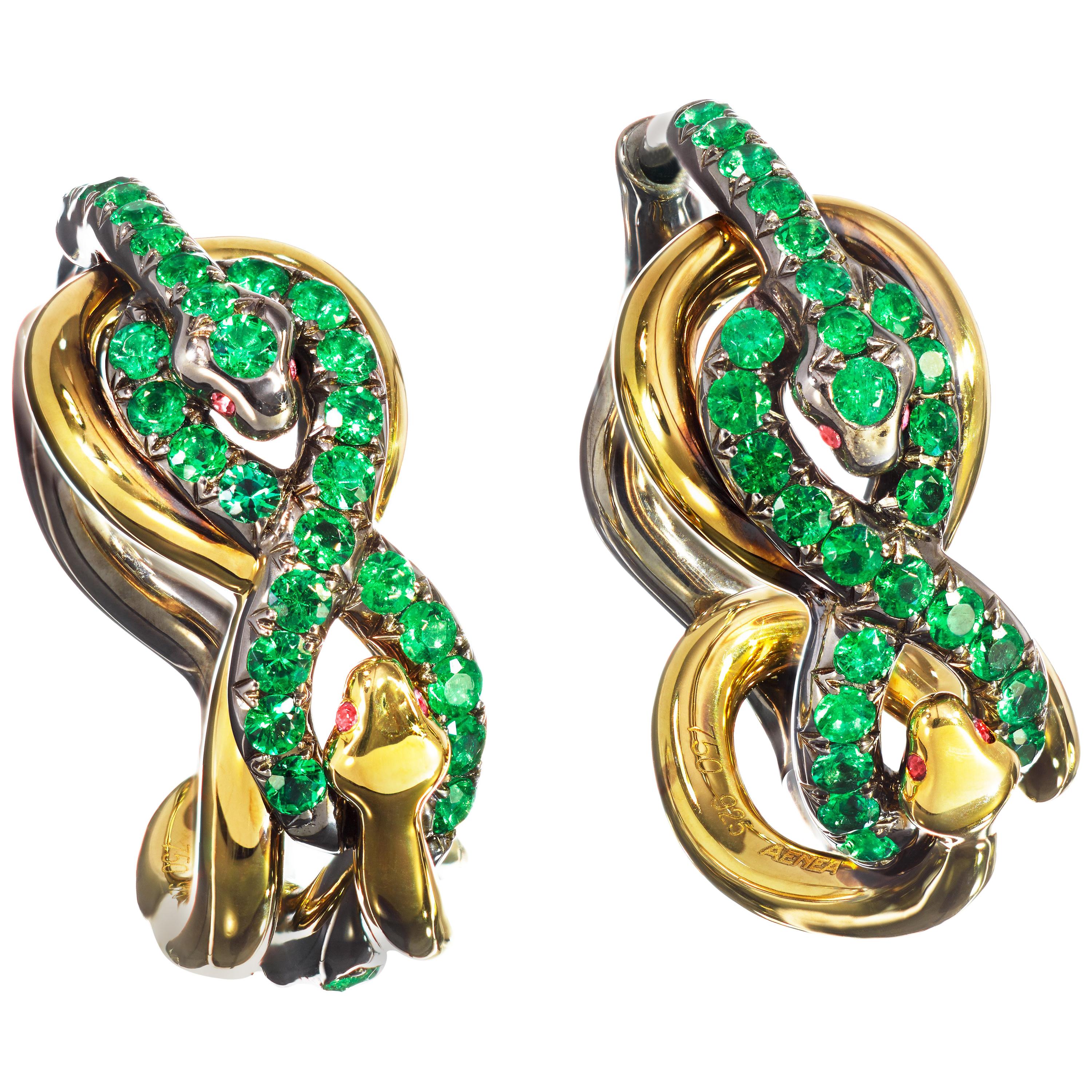 Modern AENEA Brazilian Emeralds Rubies 18k Yellow Gold Sterling Silver Stud Earrings For Sale