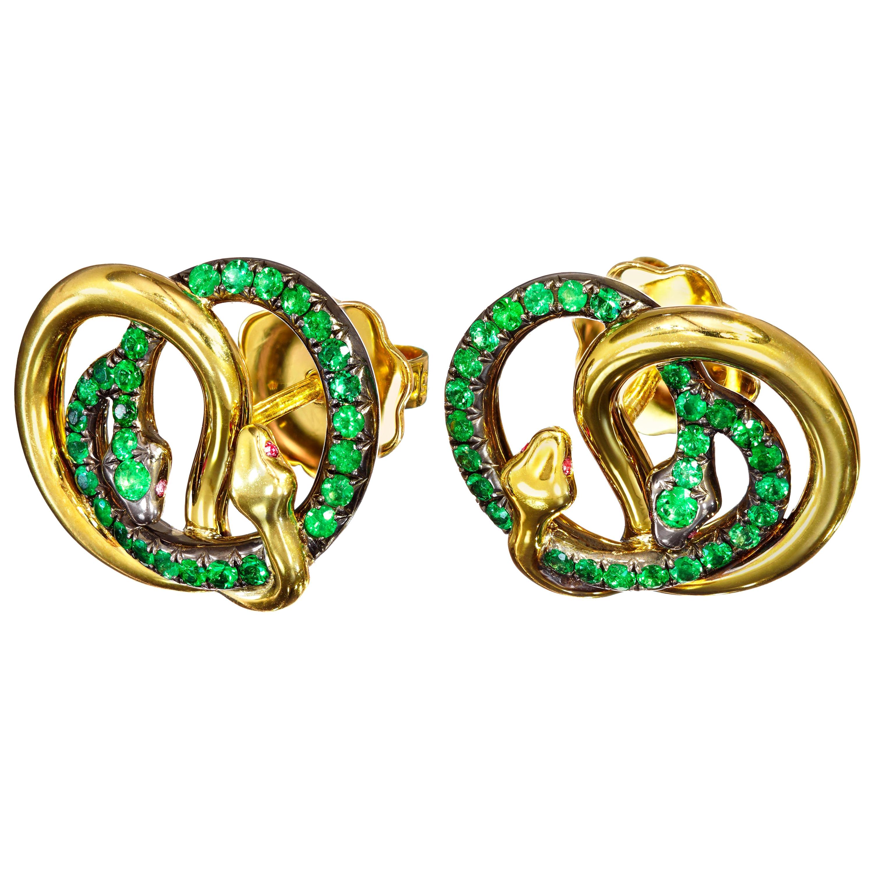 AENEA Brazilian Emeralds Rubies 18k Yellow Gold Sterling Silver Stud Earrings