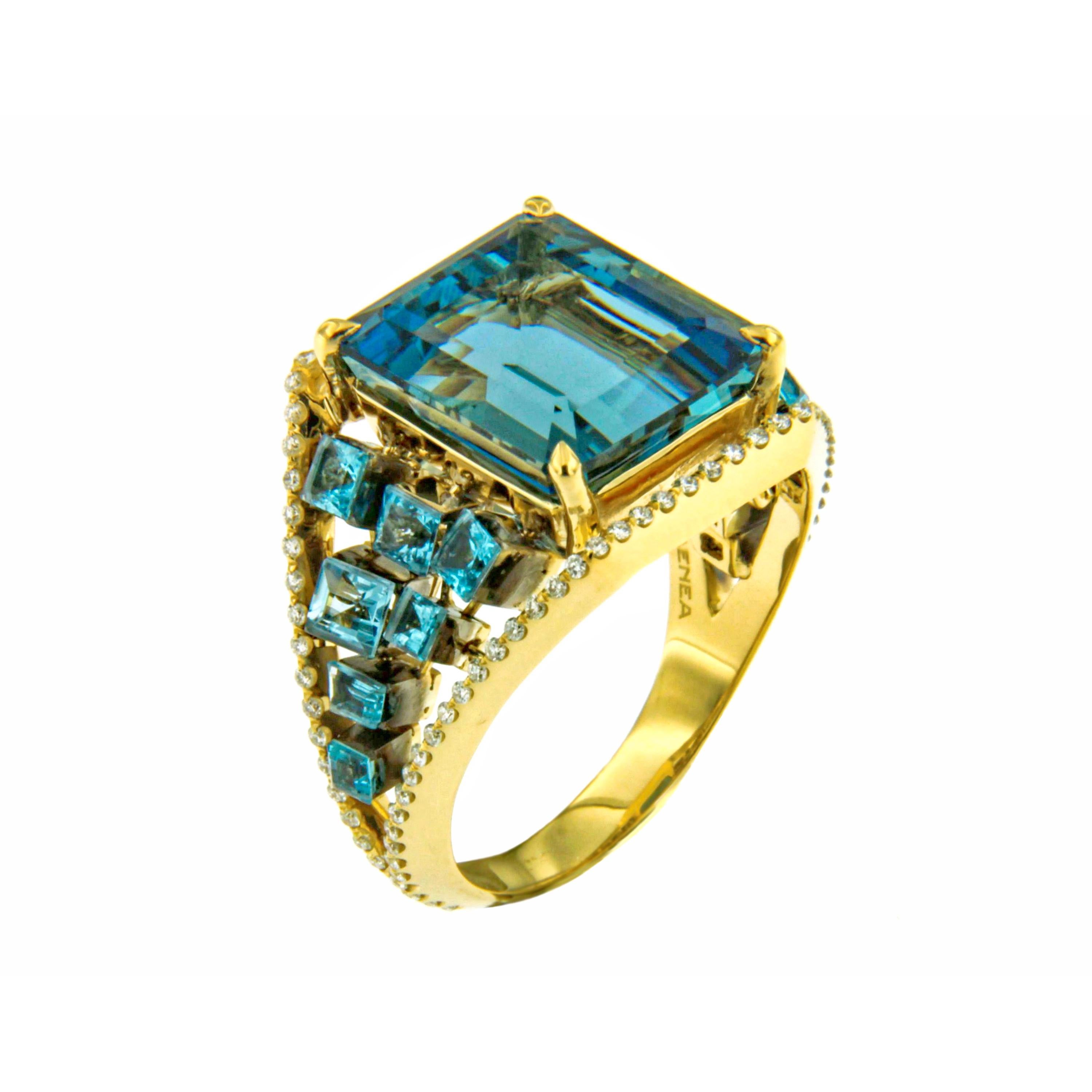 Emerald Cut AENEA Flow Aquamarine 18k Yellow Gold Blue Topaz Ring