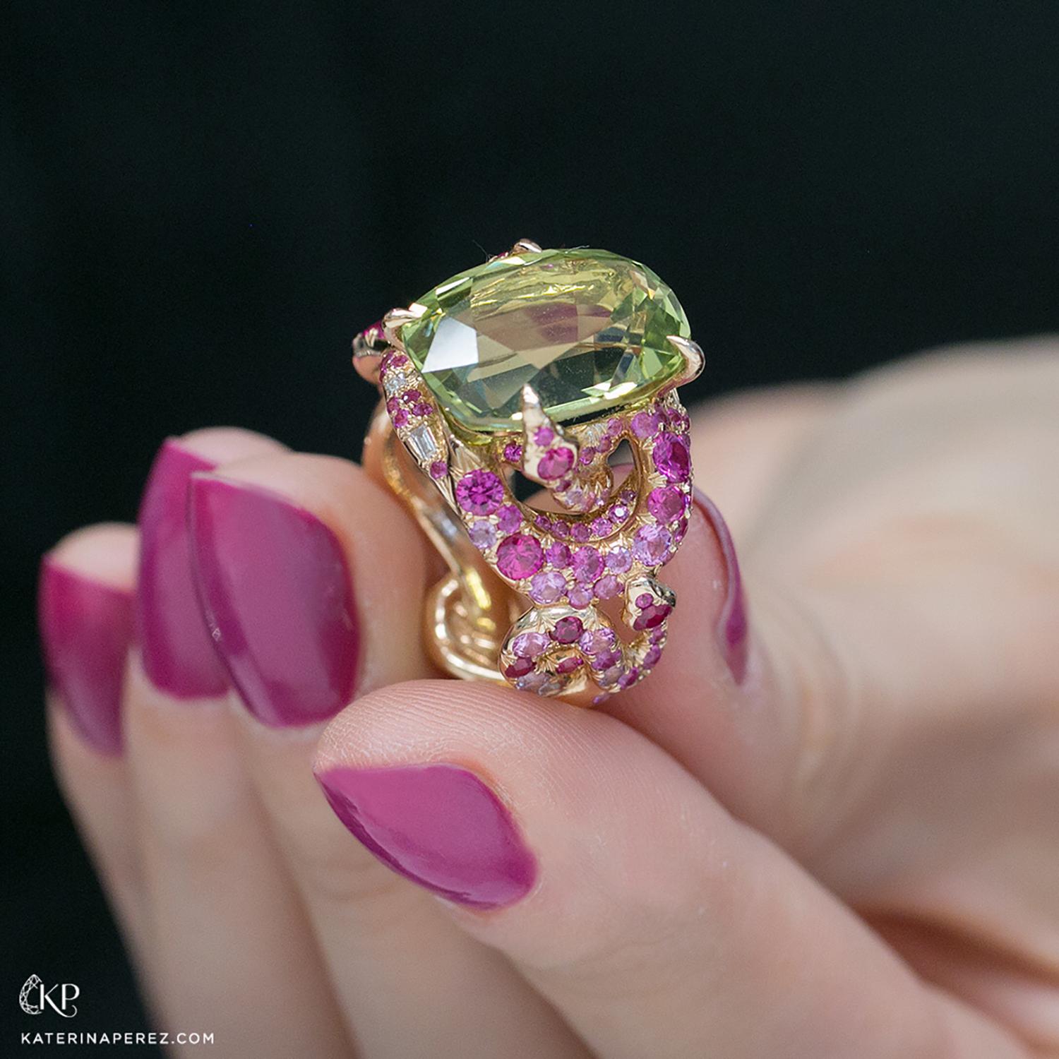 Modern AENEA Sarpa 18k Pink Gold Chrysoberyl Pink Sapphires White Diamonds Ring For Sale