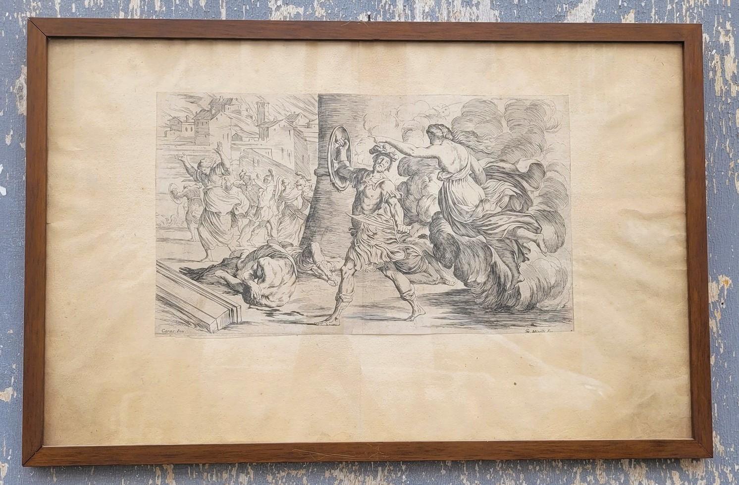 Suite von 5 gerahmten Stichen, die Episoden aus der Aeneis, der Reise des Helden Aeneas nach dem Fall von Troja, nach Vergil erzählen

* Ecce trahunt manibus victum post terga simonem