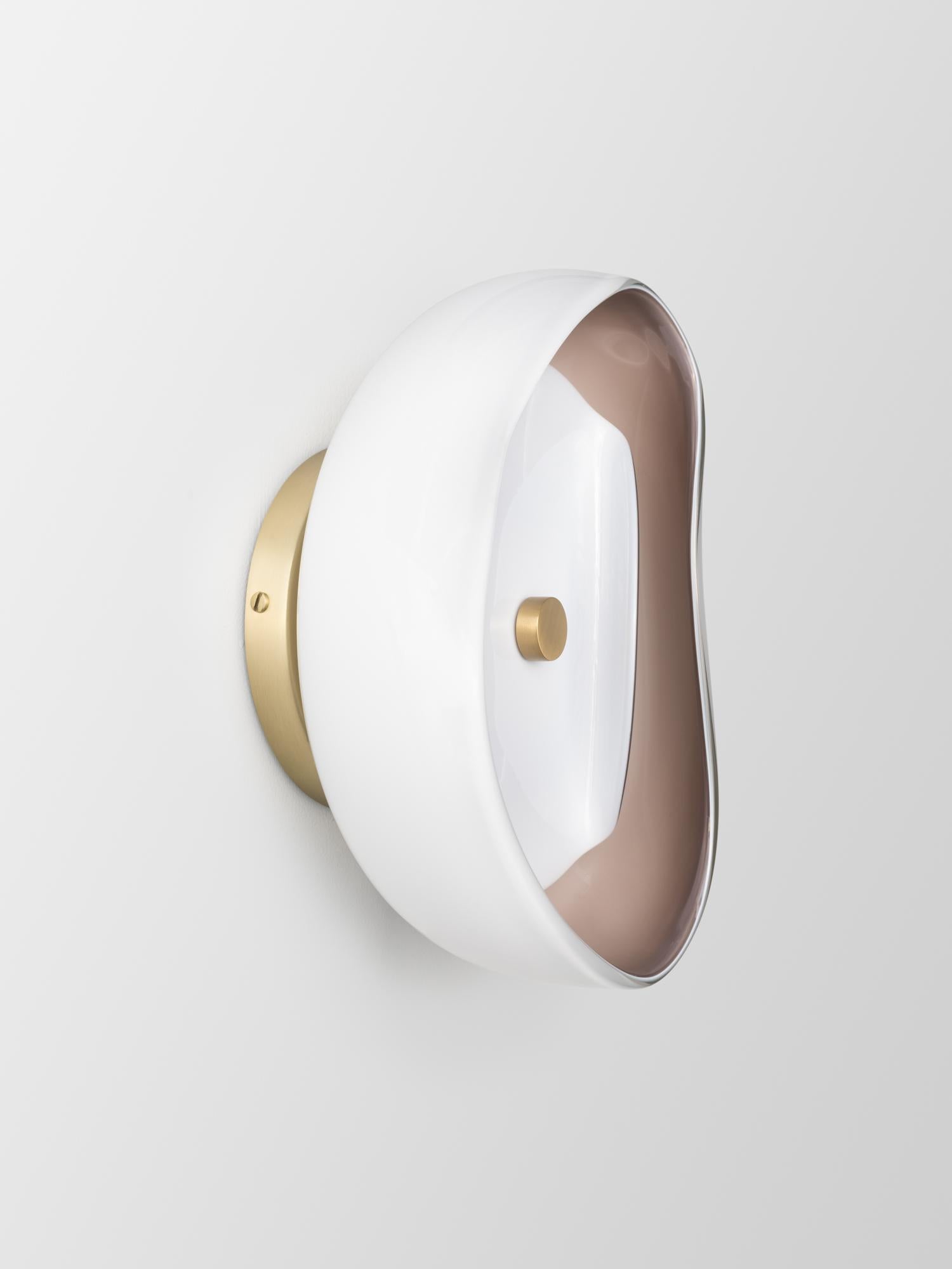 Brushed Aequorea Sconce: Satin Brass/White & Taupe Glass by Avram Rusu Studio For Sale