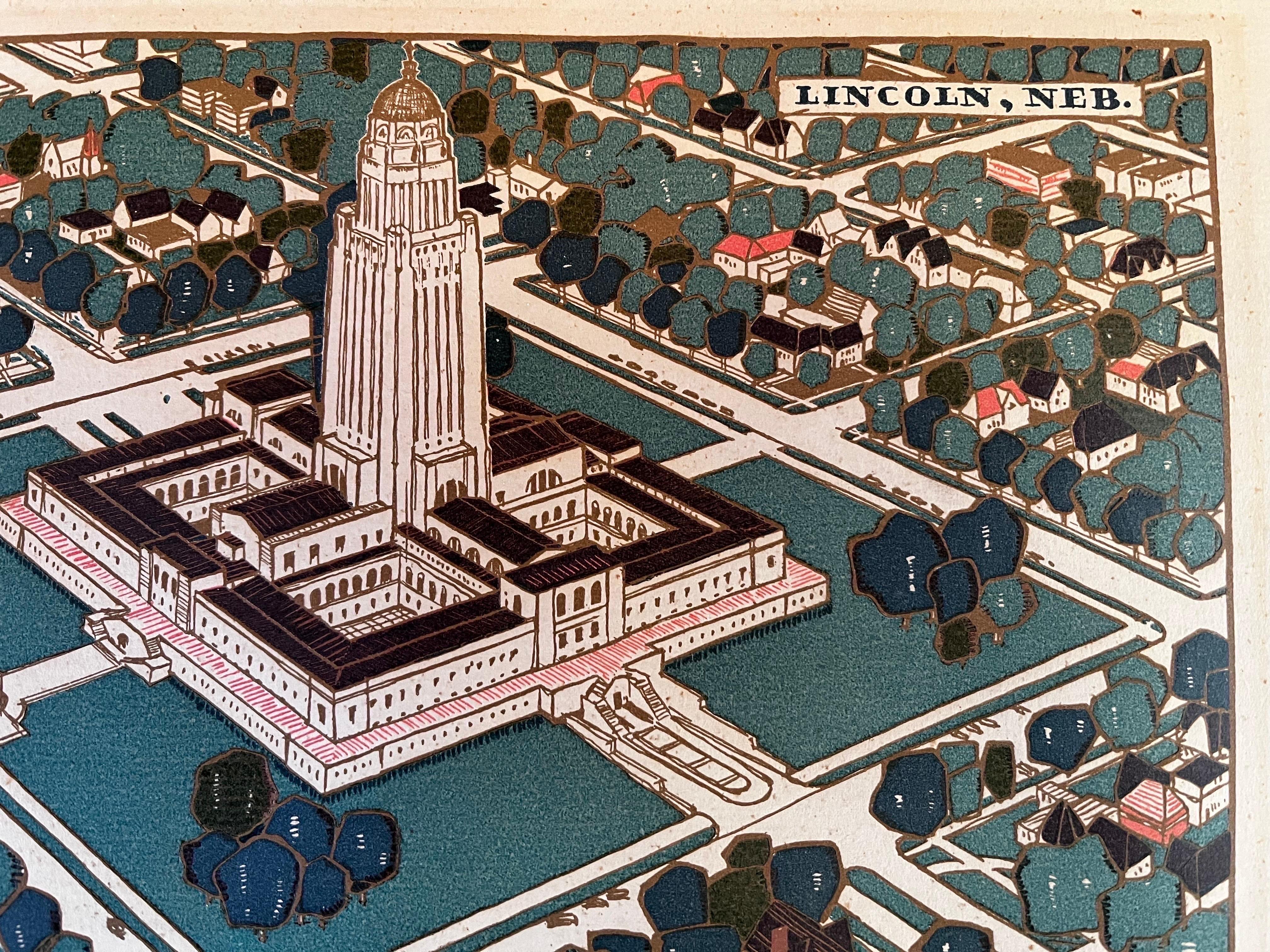 Aerial View of Lincoln Nebraska, Signed Art Print In Good Condition For Sale In Philadelphia, PA