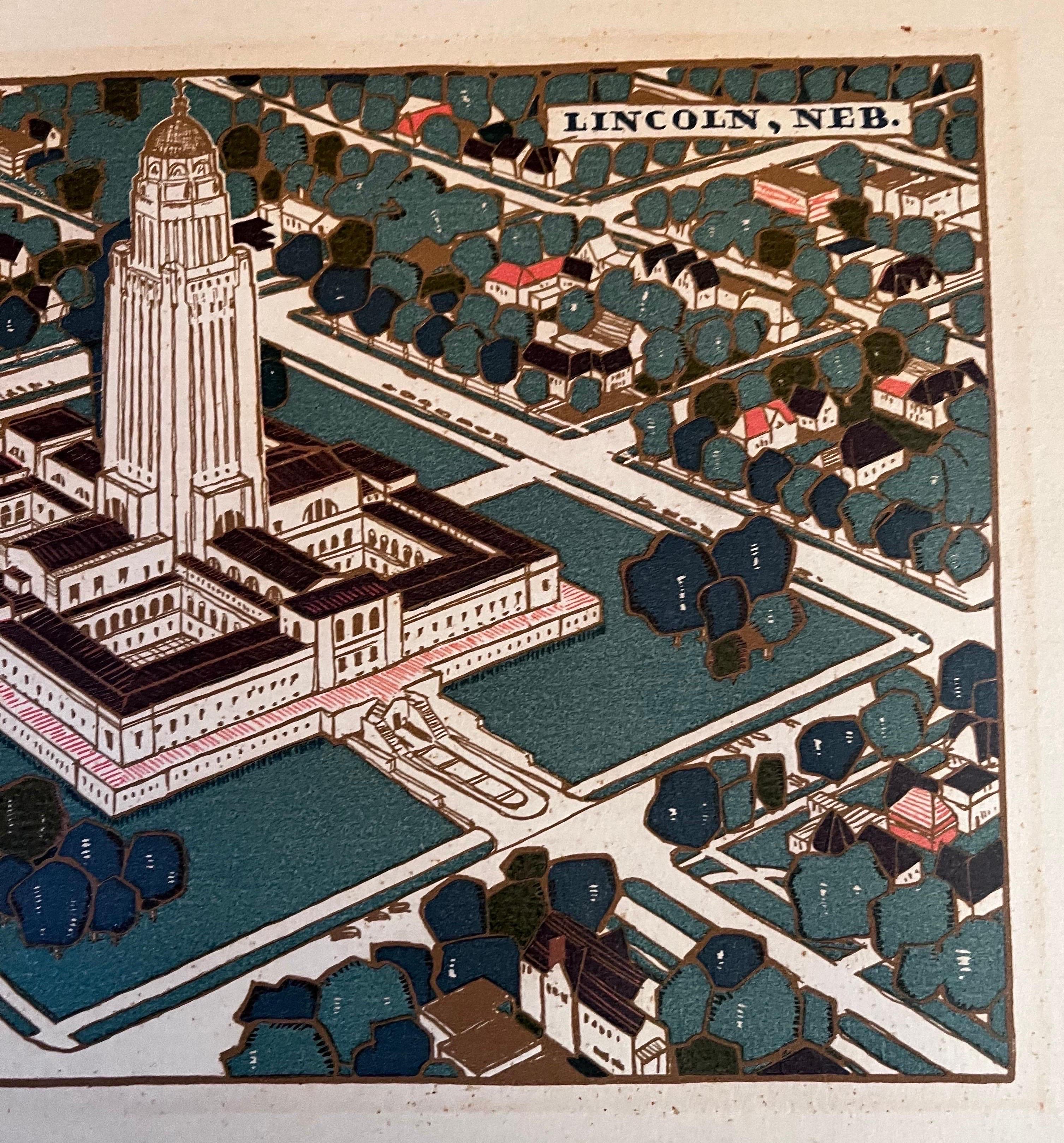 20th Century Aerial View of Lincoln Nebraska, Signed Art Print For Sale