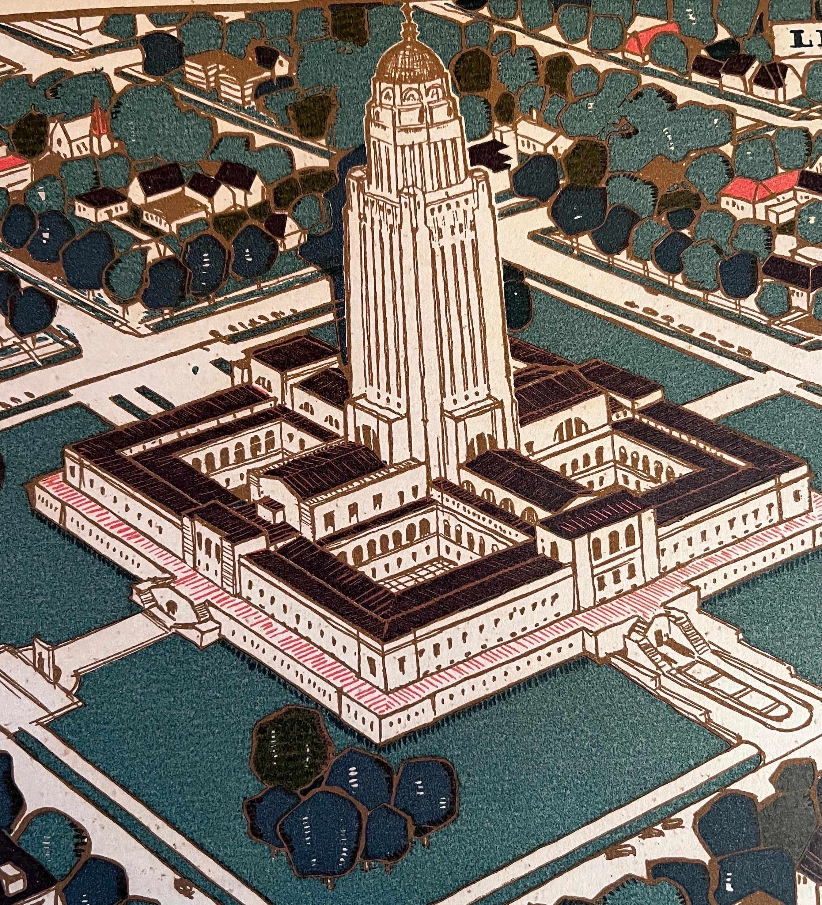 Paper Aerial View of Lincoln Nebraska, Signed Art Print For Sale