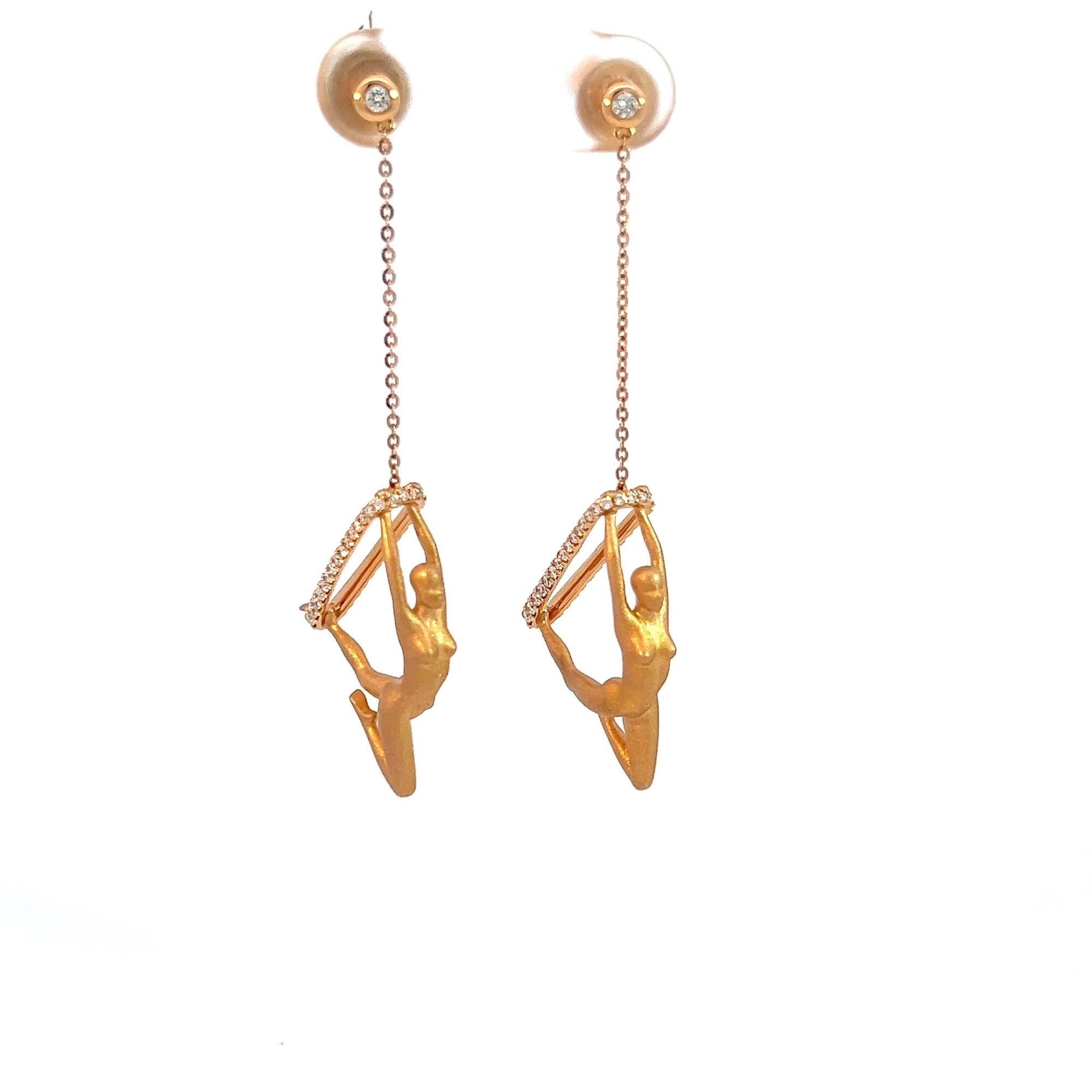 These unique 18k rose gold Aerialist Yoga Diamond Earrings are designed to evoke the fluid movement of an acrobat mid-performance. Perfectly blending artistry and luxury, they are a unique fashion statement and a conversation starter.
Crafted in