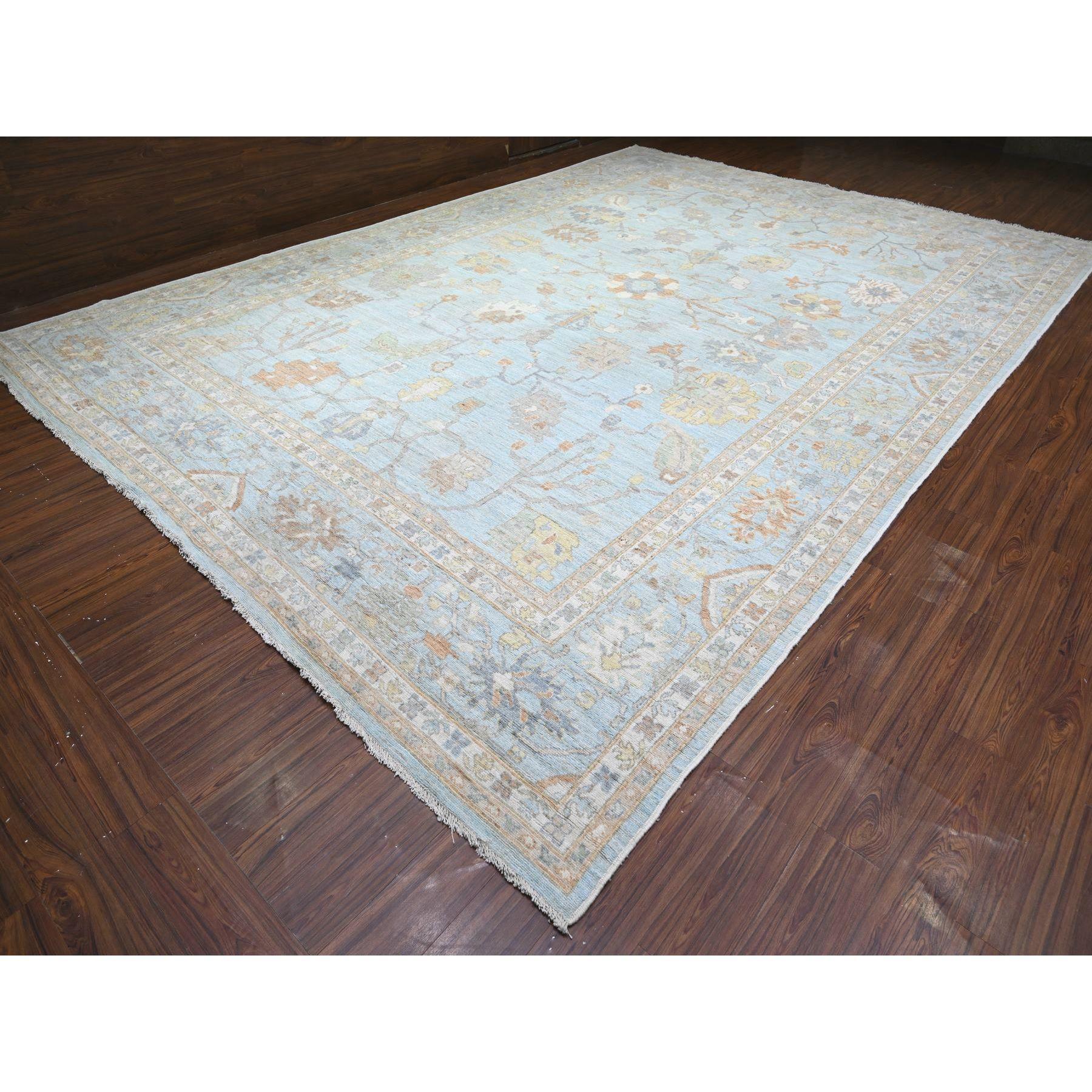 Oushak Tapis oriental noué à la main en angora afghane oushak bleu aéro 12'2