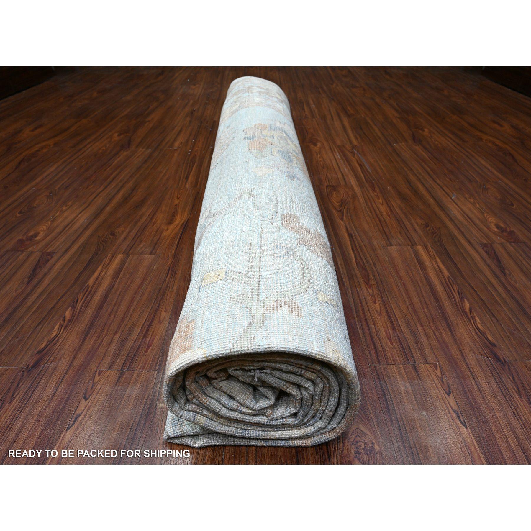 Tapis oriental noué à la main en angora afghane oushak bleu aéro 12'2