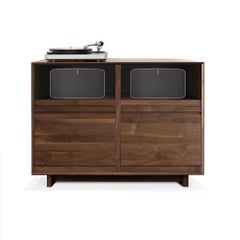 Aero Media Stand for Sonos with Vinyl Record Storage in Solid Natural Walnut