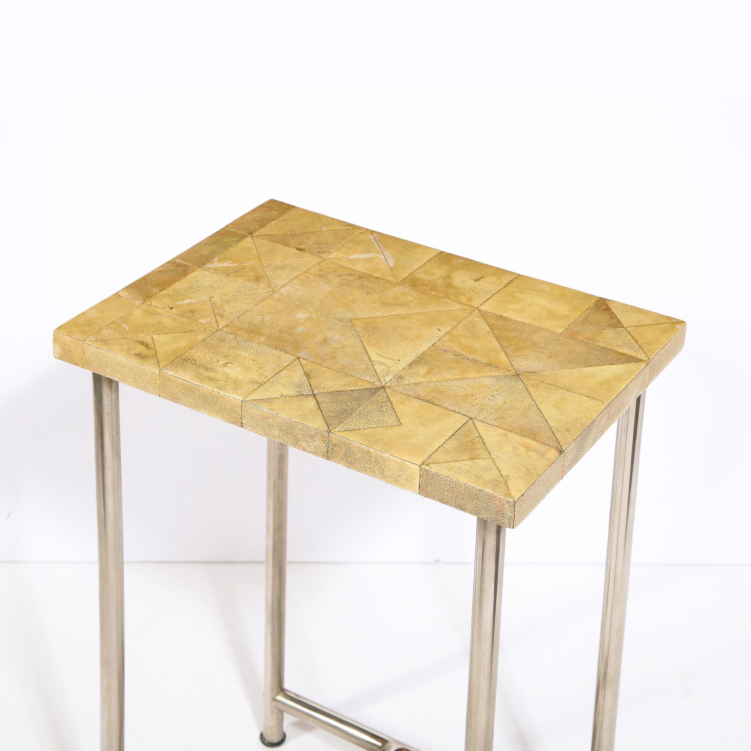 Art Deco Side Table with Mosaic Shagreen Top & Sculptural Aluminum Base In Good Condition For Sale In New York, NY