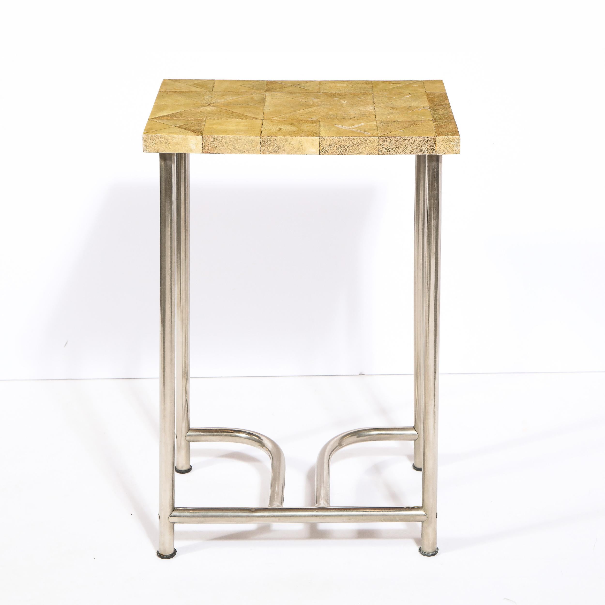 Art Deco Side Table with Mosaic Shagreen Top & Sculptural Aluminum Base For Sale 2