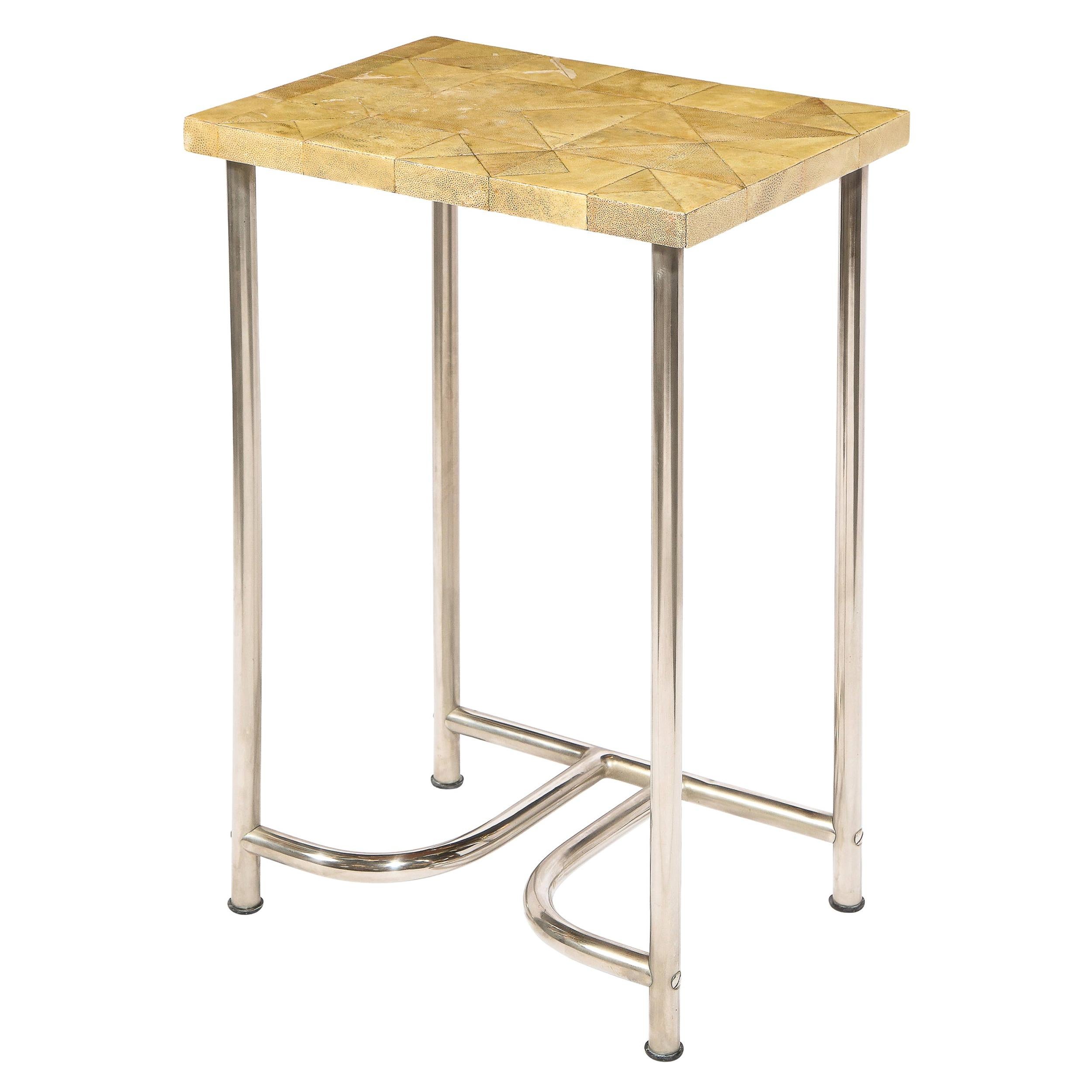 Art Deco Side Table with Mosaic Shagreen Top & Sculptural Aluminum Base