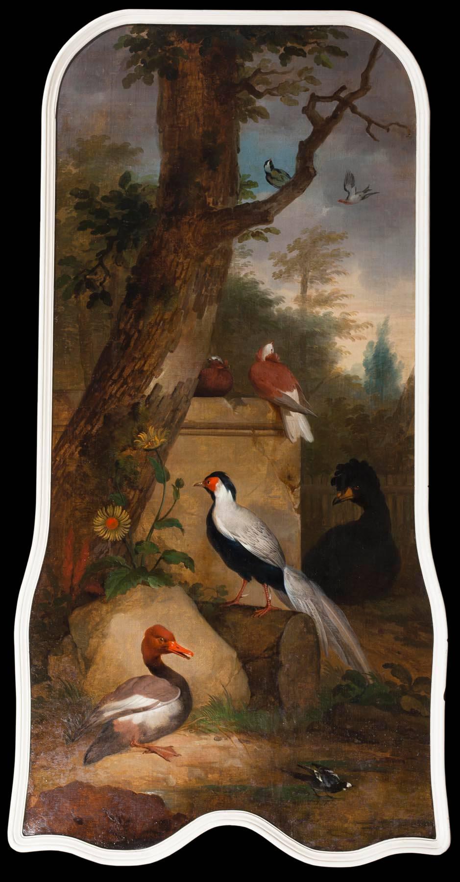 Aert Schouman Animal Painting - Extraordinary 18th Century Oil Painting of Ornamental Birds in a Landscape