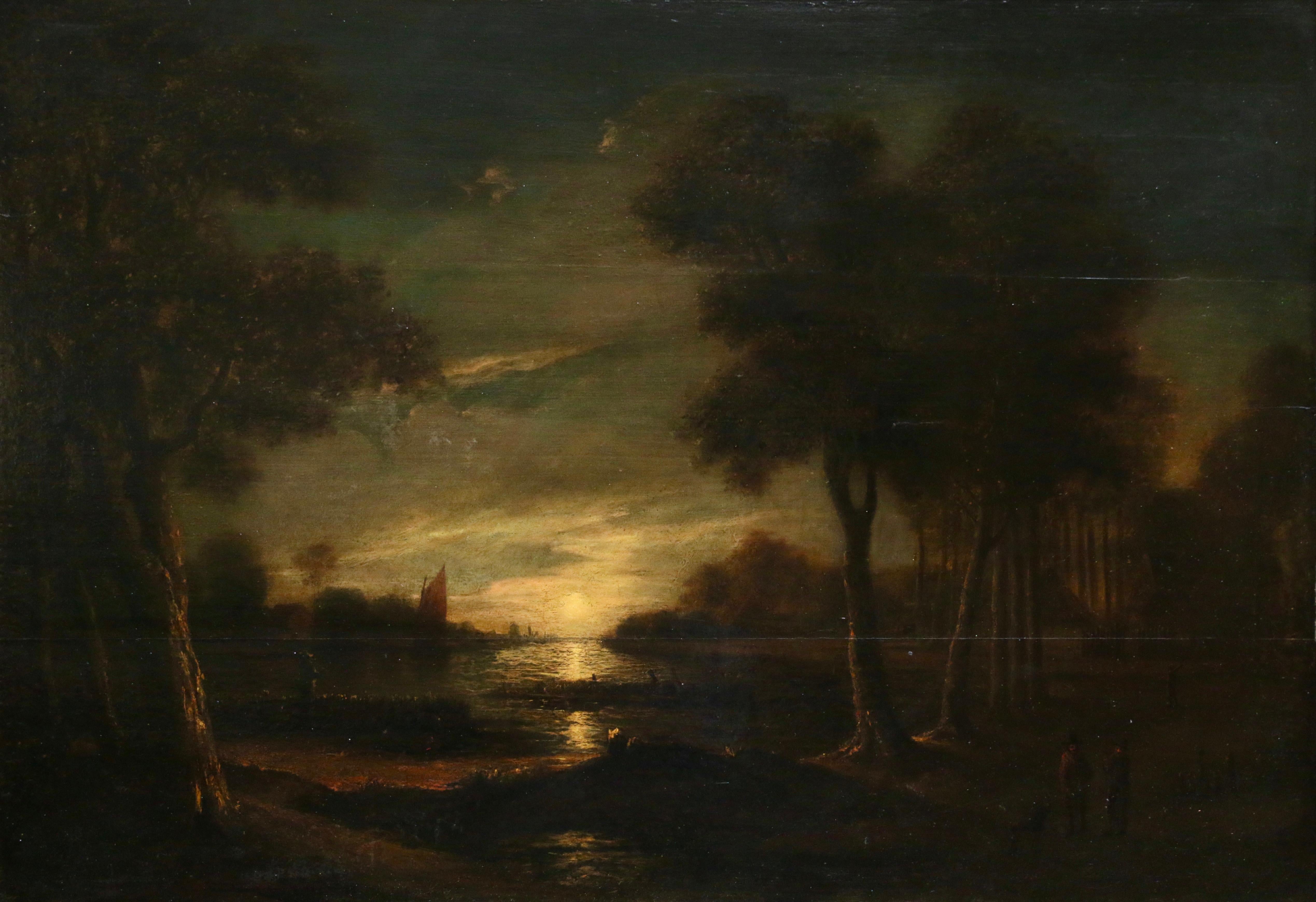 Moonlit Landscape - 17th Century Oil, River & Trees at Night by A Van Der Neer - Painting by Aert Van Der Neer