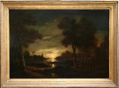 Moonlit Landscape - 17th Century Oil, River & Trees at Night by A Van Der Neer
