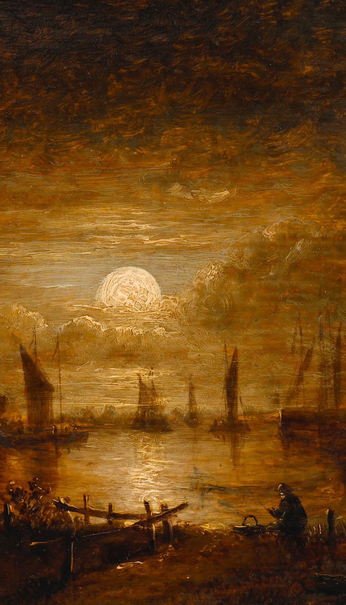 Paisaje fluvial a la luz de la luna - Landscape Painting Marrón de Aert Van Der Neer