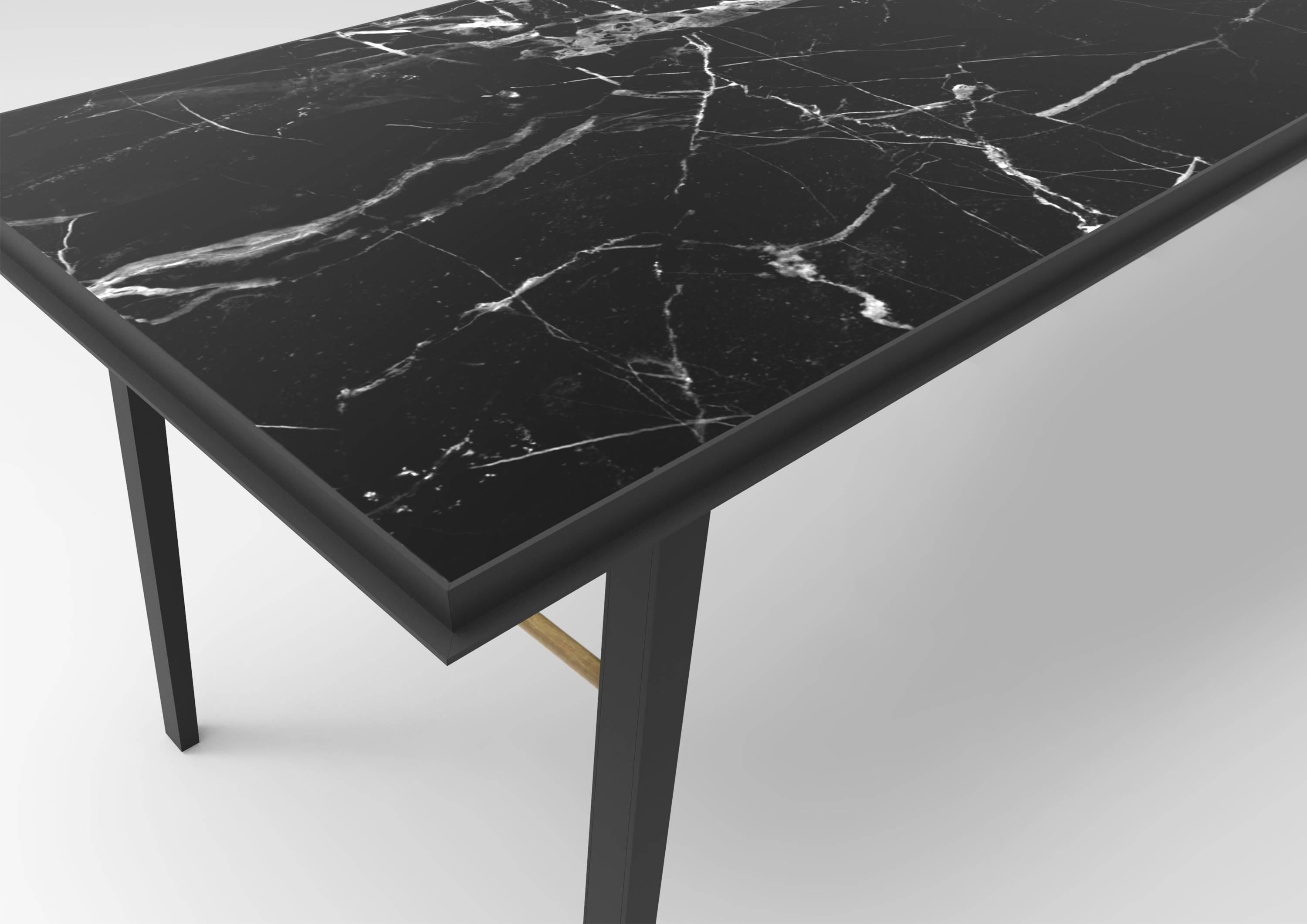 AES black marble contemporary desk, Jan Garncarek
Materials: Nero Marquina marble, brass, steel.
Dimensions: 73 x 180 x 78 cm
Weight: 110 kg

This unique desk consists of a metal collar with nero marquina marble top.
The frame is made from black