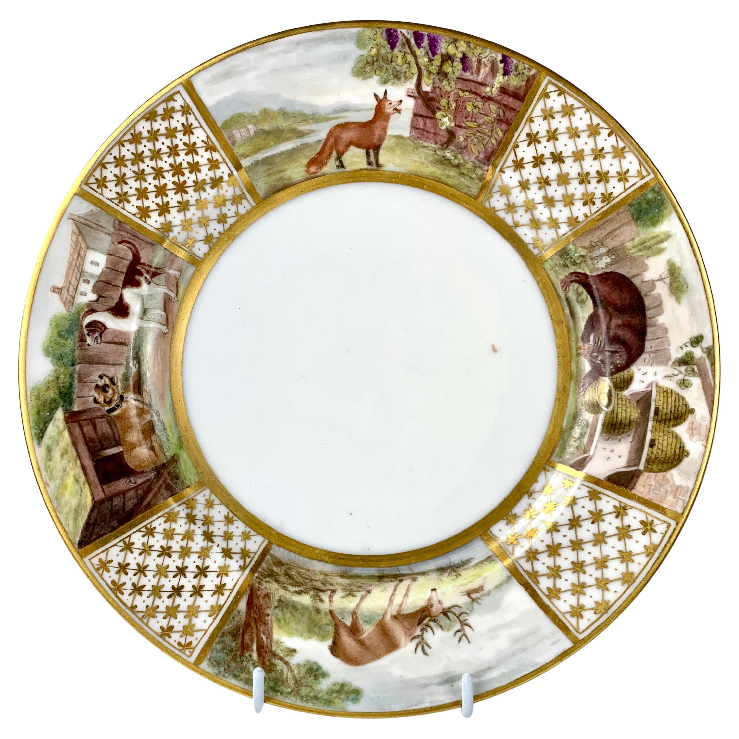 Fables d'Esope Animaux sur assiette ancienne en porcelaine peinte à la main circa 1825