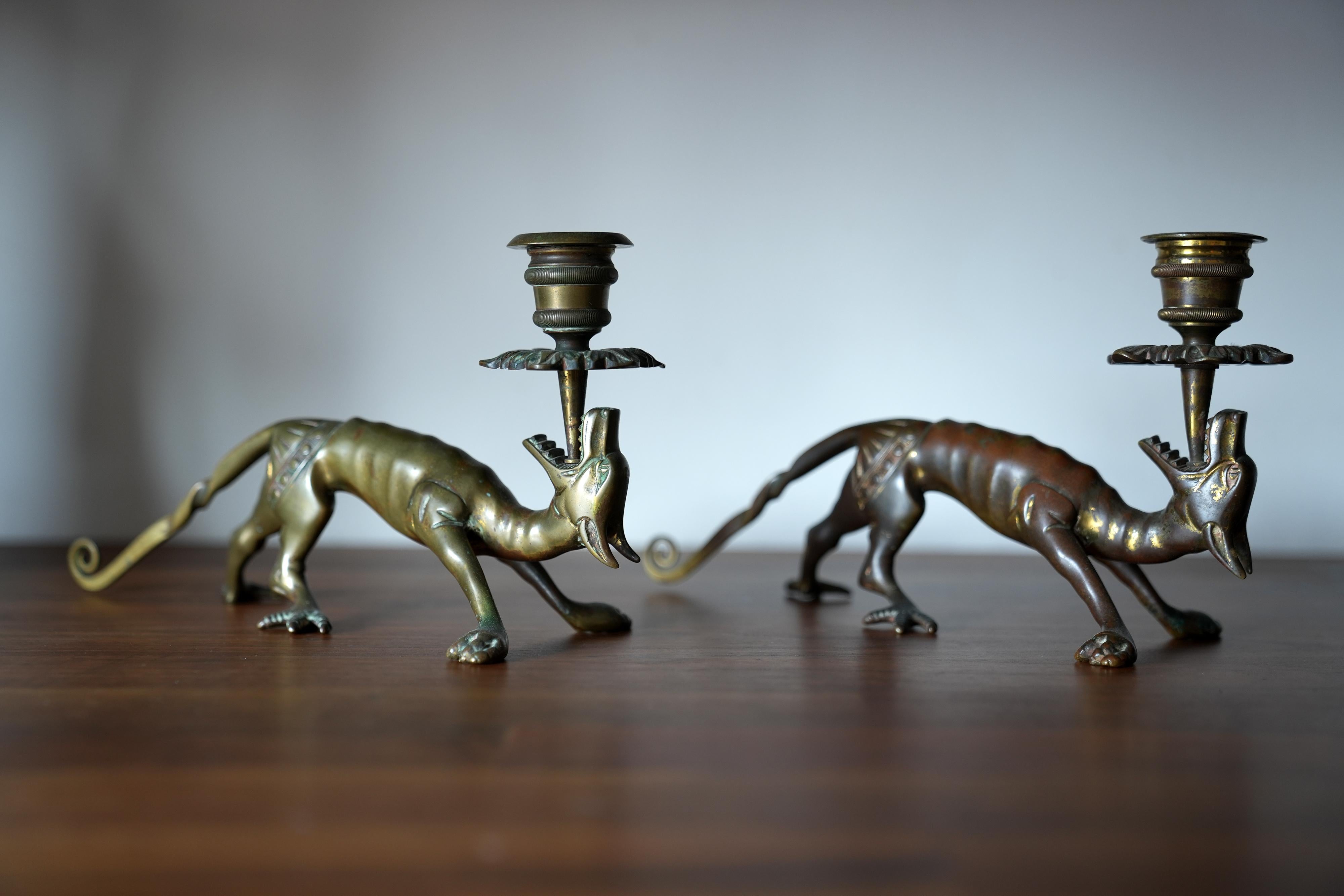 Aesthetic Bronze Dog Candlesticks
