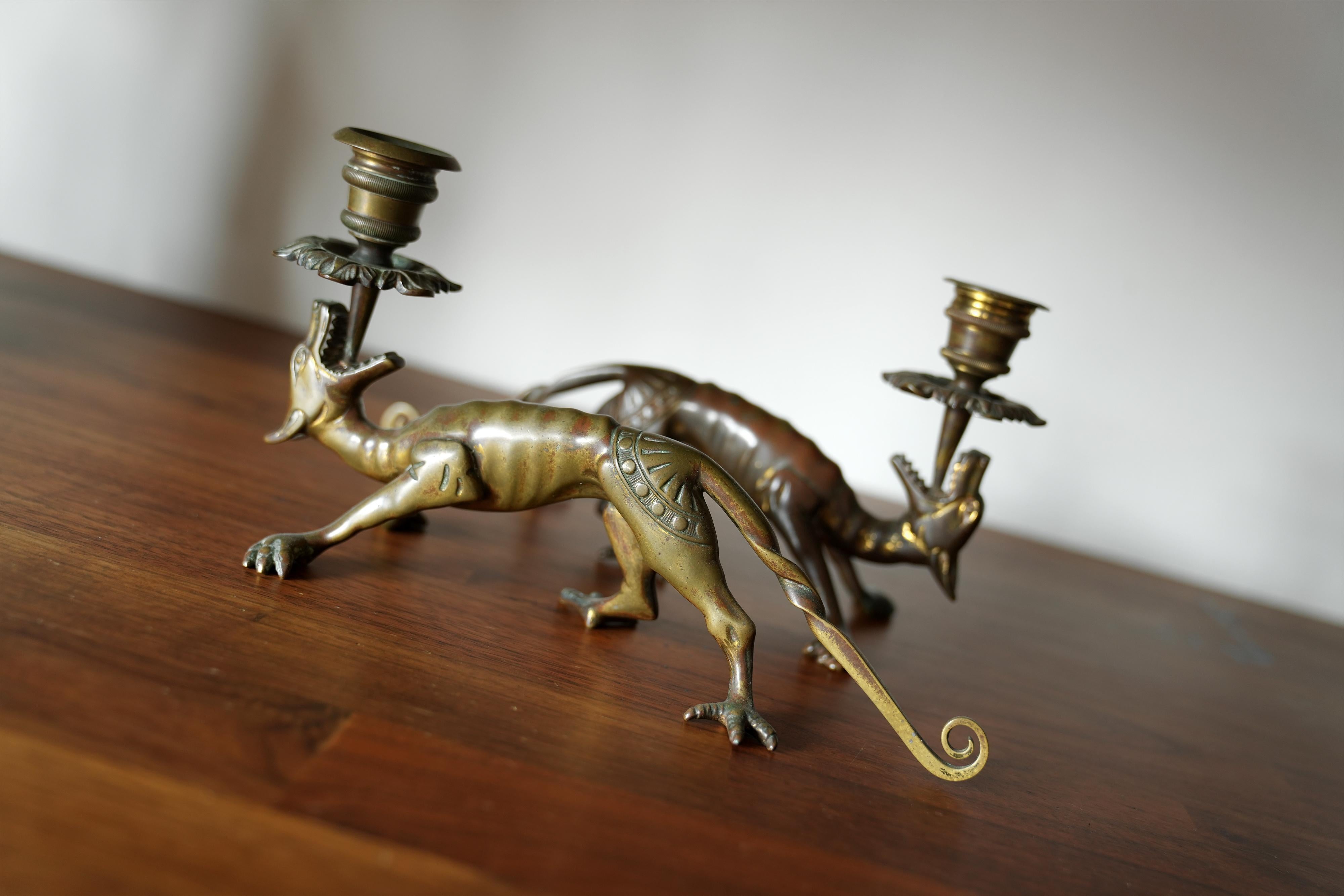 Aesthetic Movement Aesthetic Bronze Dog Candlesticks For Sale